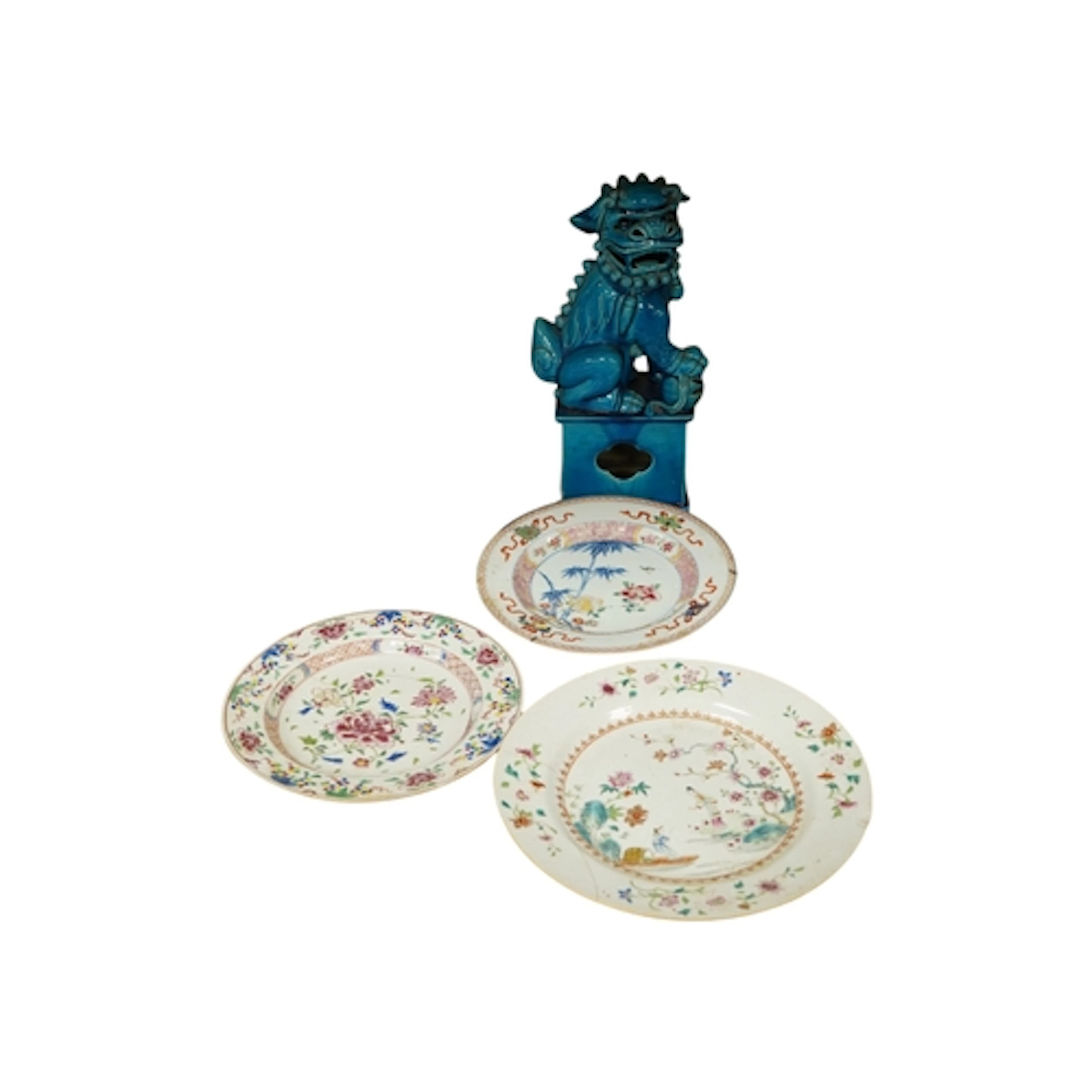 Three 18th century Chinese export dishes, largest 26cm diame...