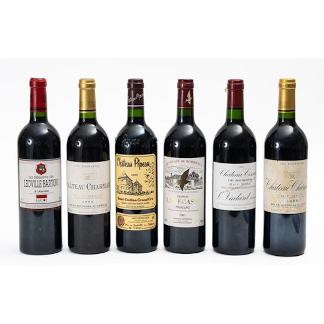 A group of six bottles of red wine. Comprising Chateau Pipea...