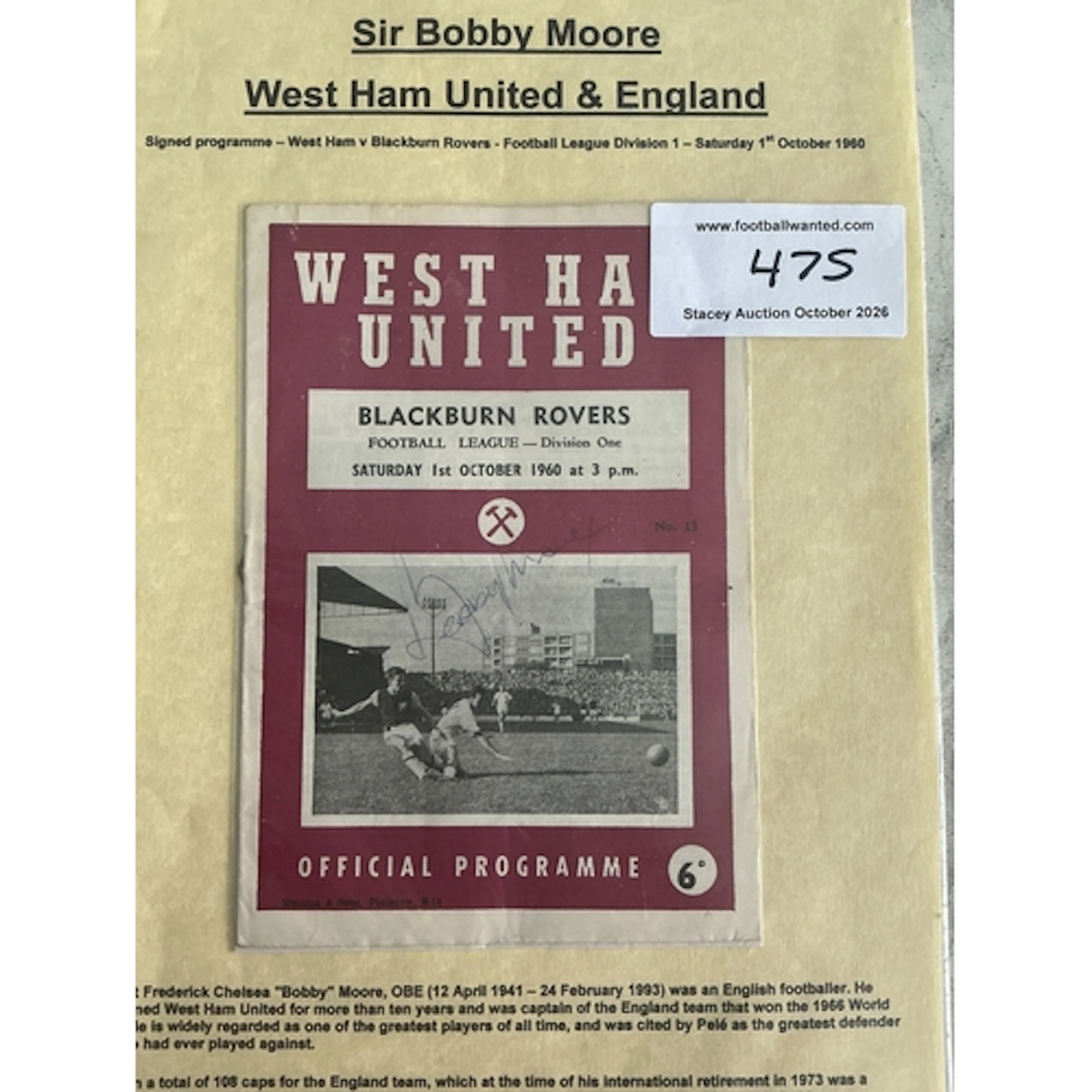 Bobby Moore Signed West Ham Football Programme: 1960 home pr...