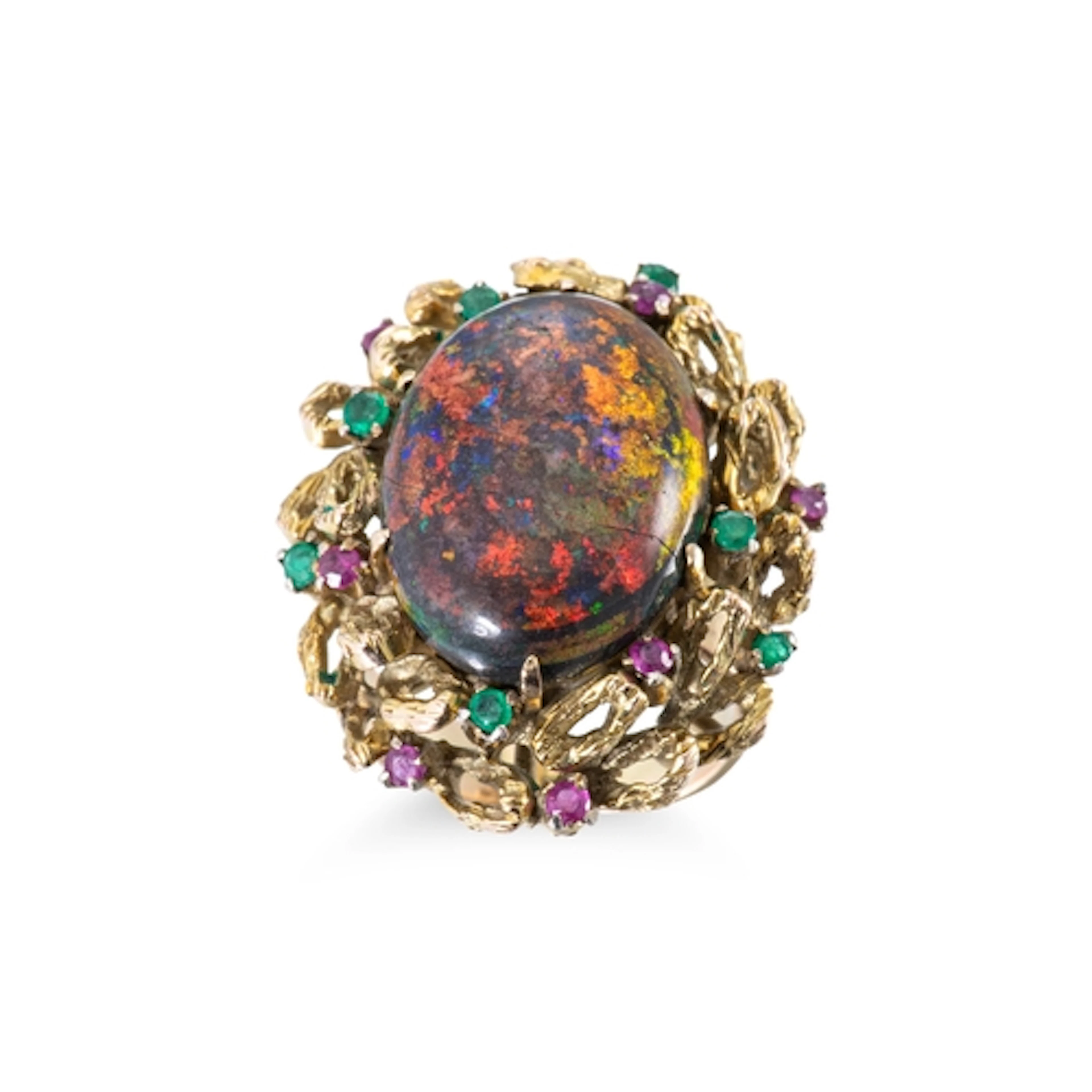 A BLACK OPAL AND GEMSTONE CLUSTER RING, of abstract design, ...