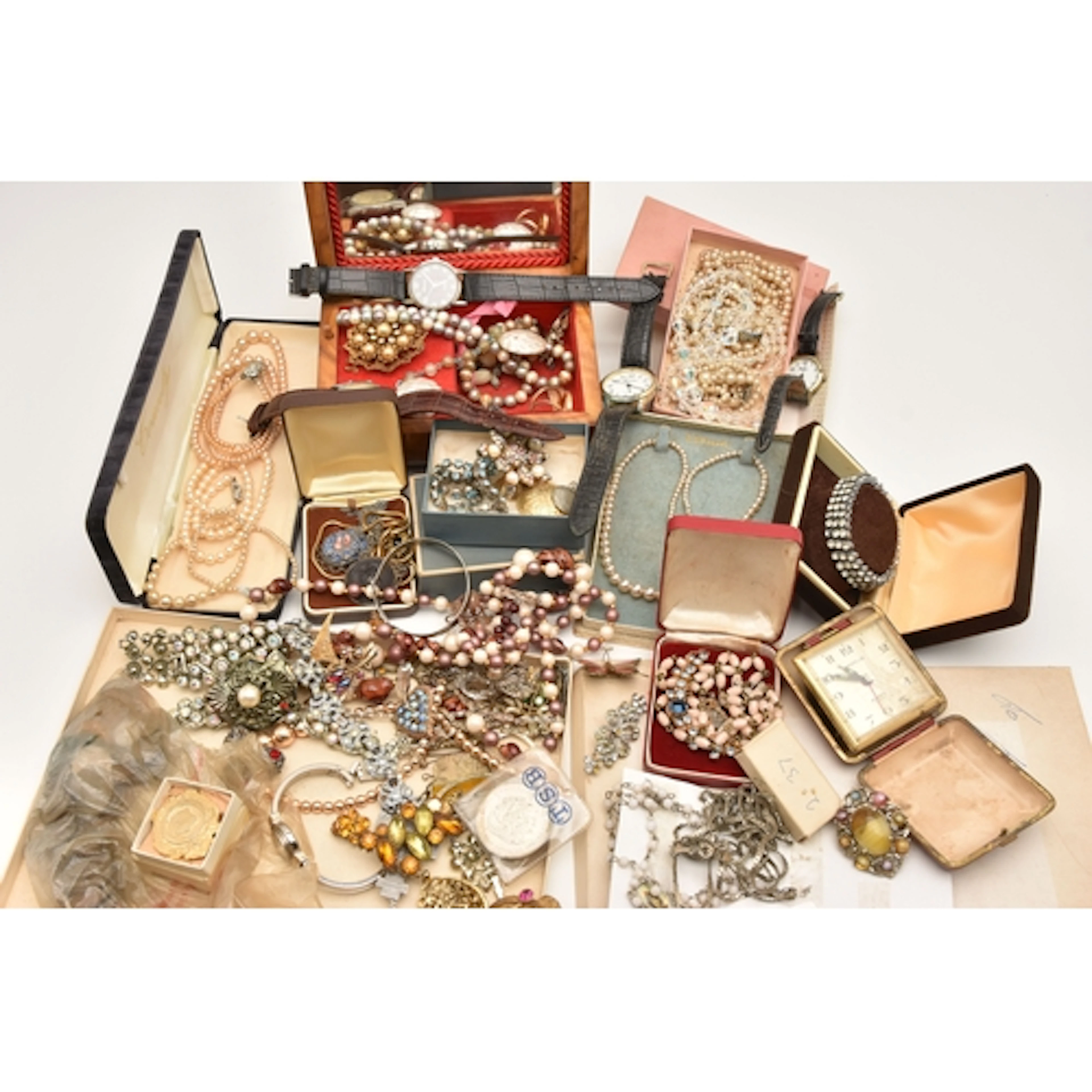 A BOX OF ASSORTED COSTUME JEWELLERY, WATCHES AND ITEMS, to i...