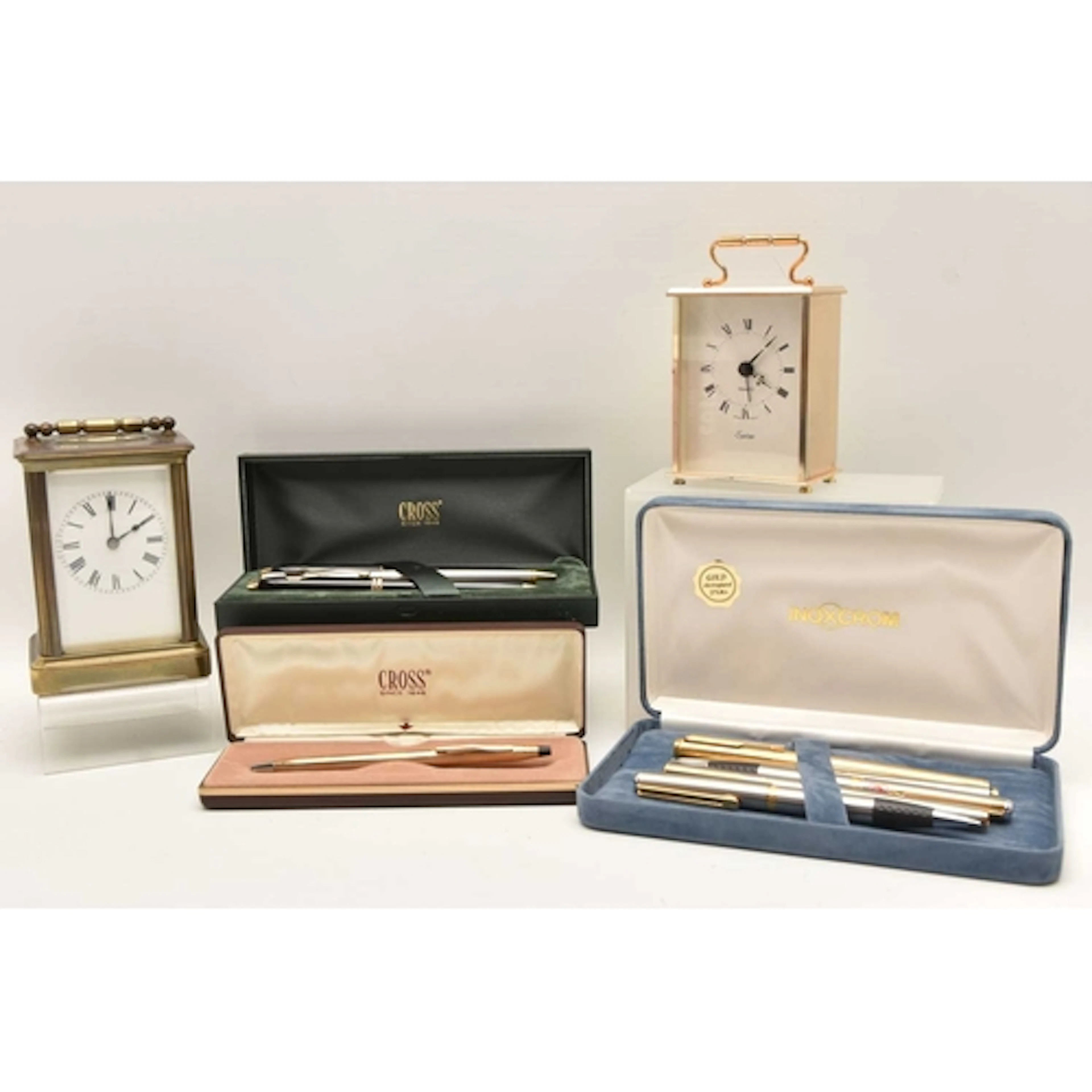 AN ASSORTMENT OF PENS AND CLOCKS, to include a rolled gold '...