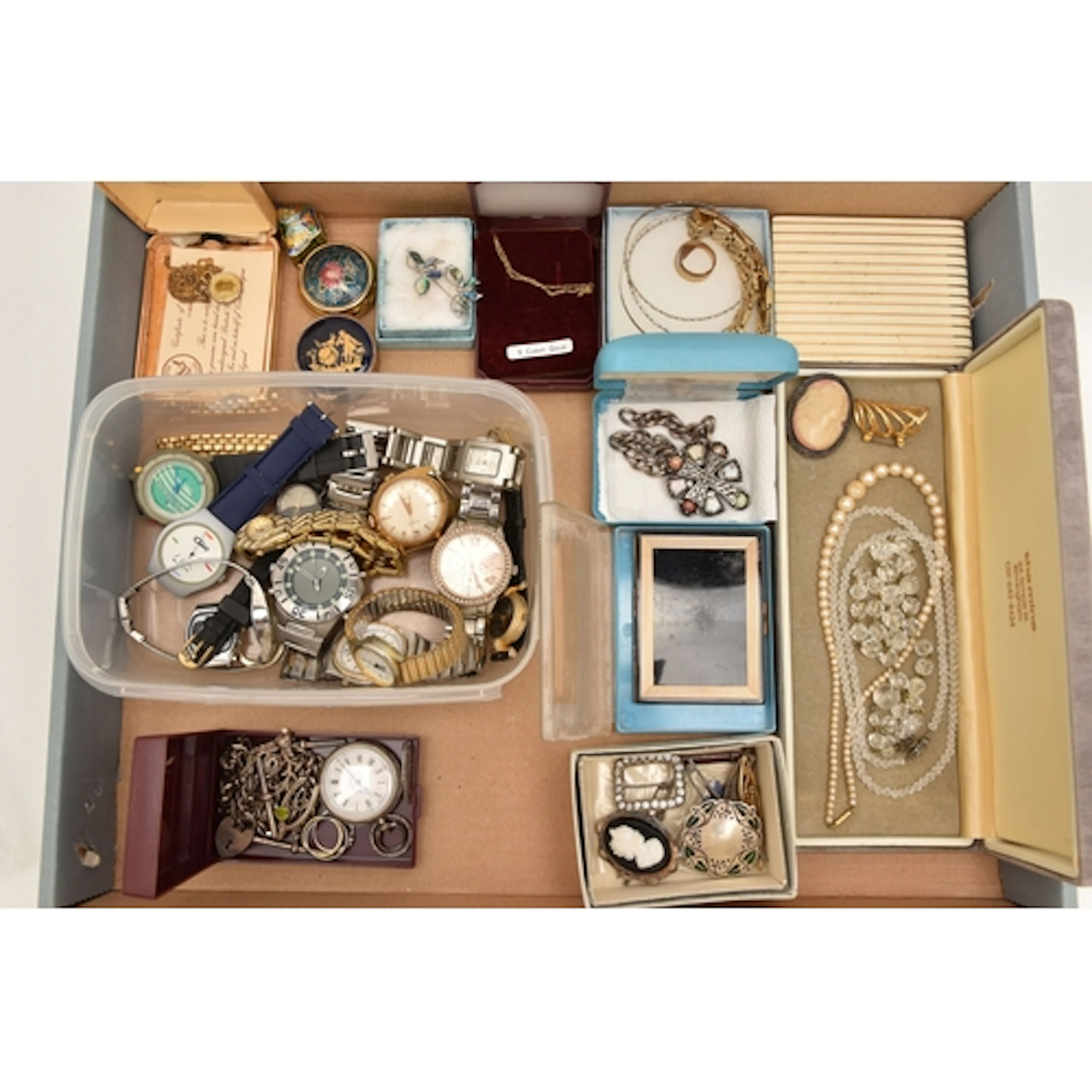 A BOX OF ASSORTED JEWELLERY AND WATCHES, to include a silver...