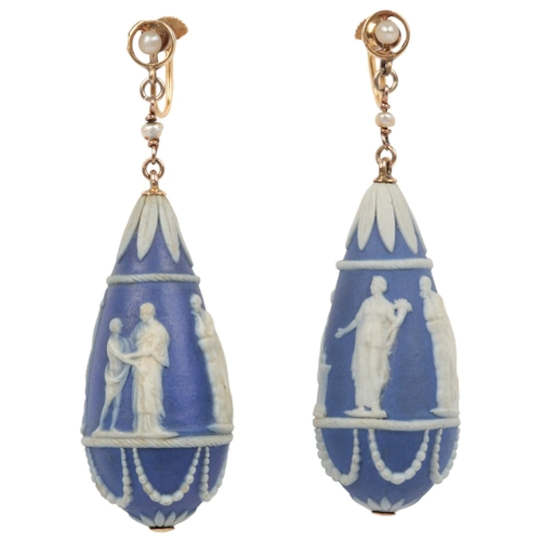 A rare pair of seed pearl and Wedgwood jasper ware drop earr...