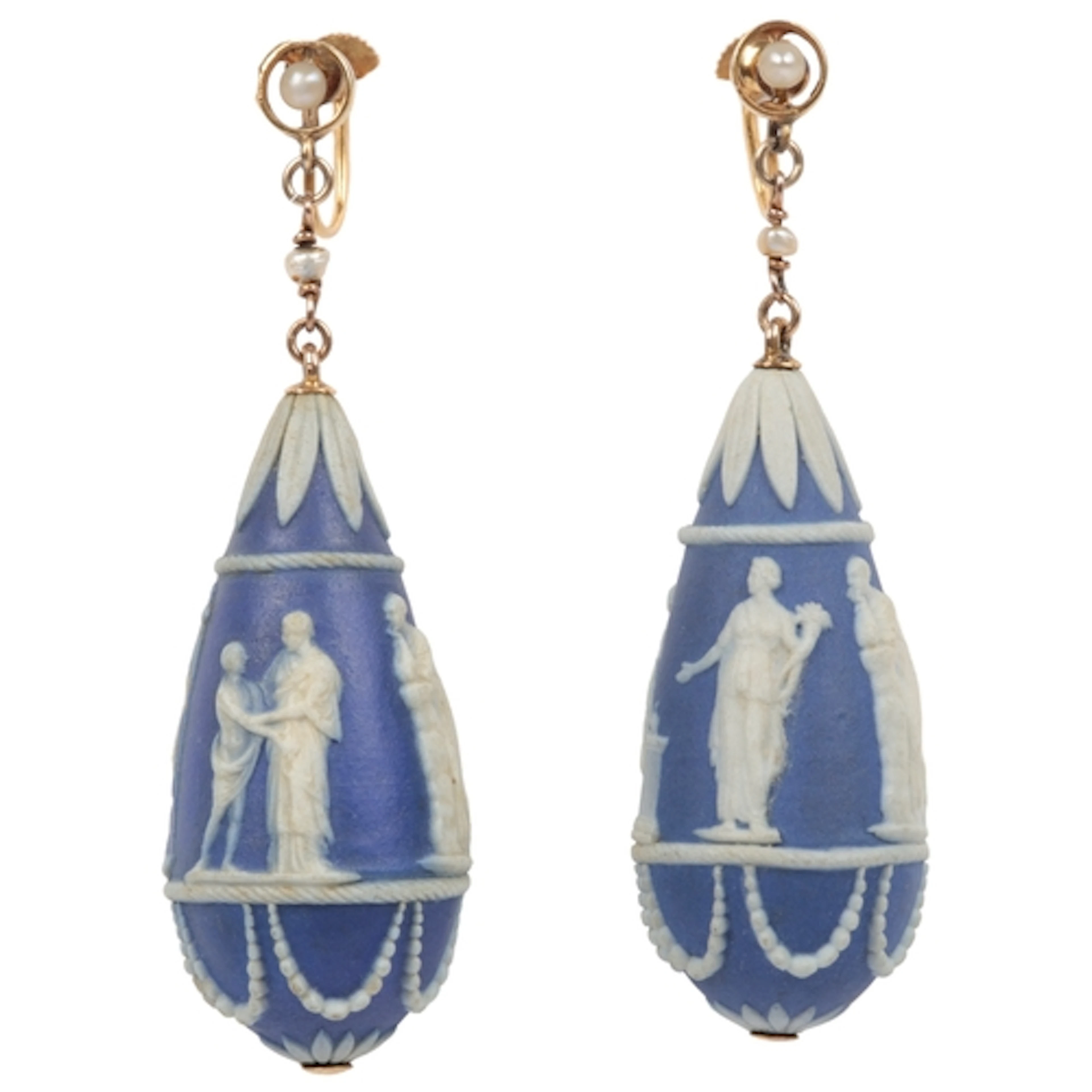 A rare pair of seed pearl and Wedgwood jasper ware drop earr...