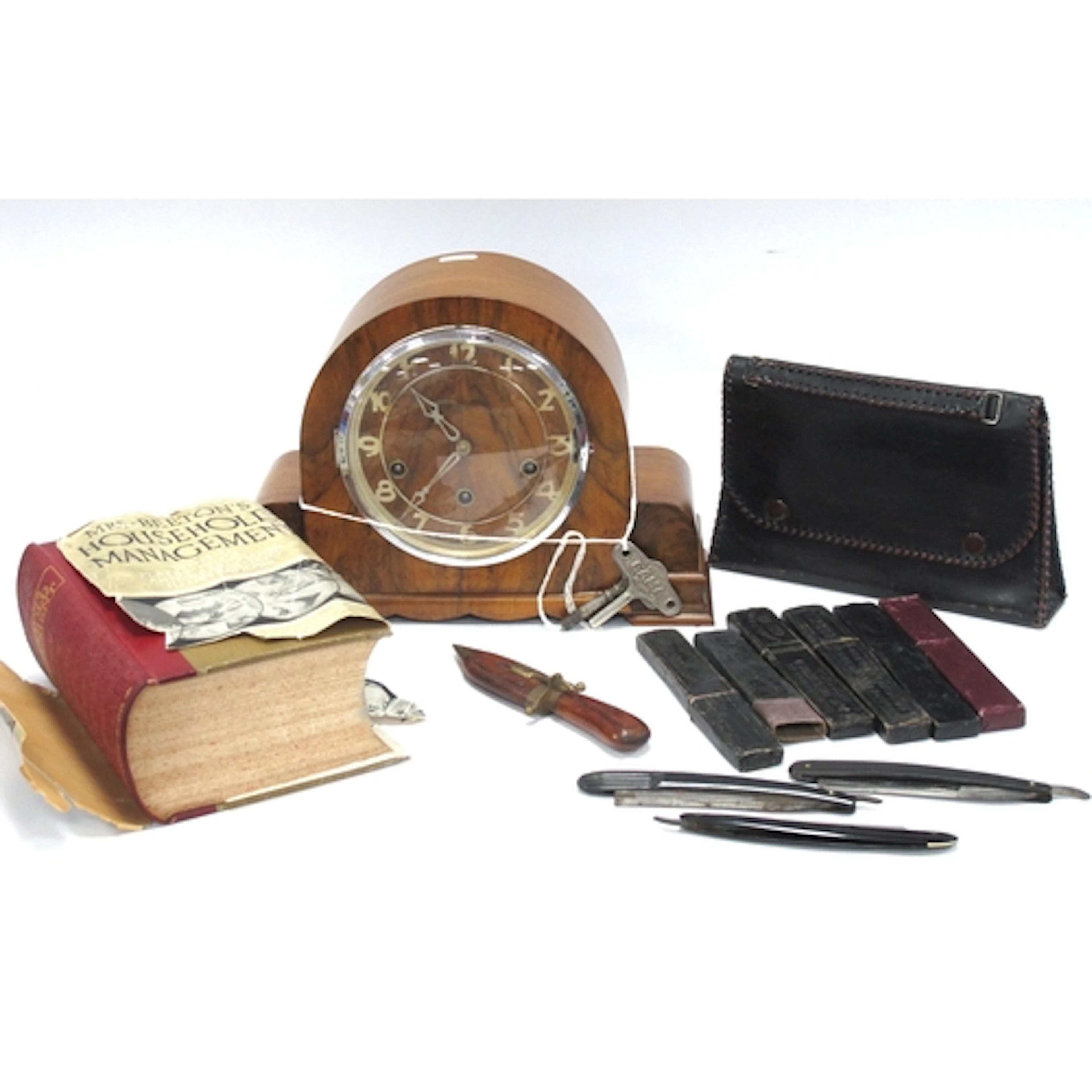 Collectables, including an oak mantel clock with key and pen...