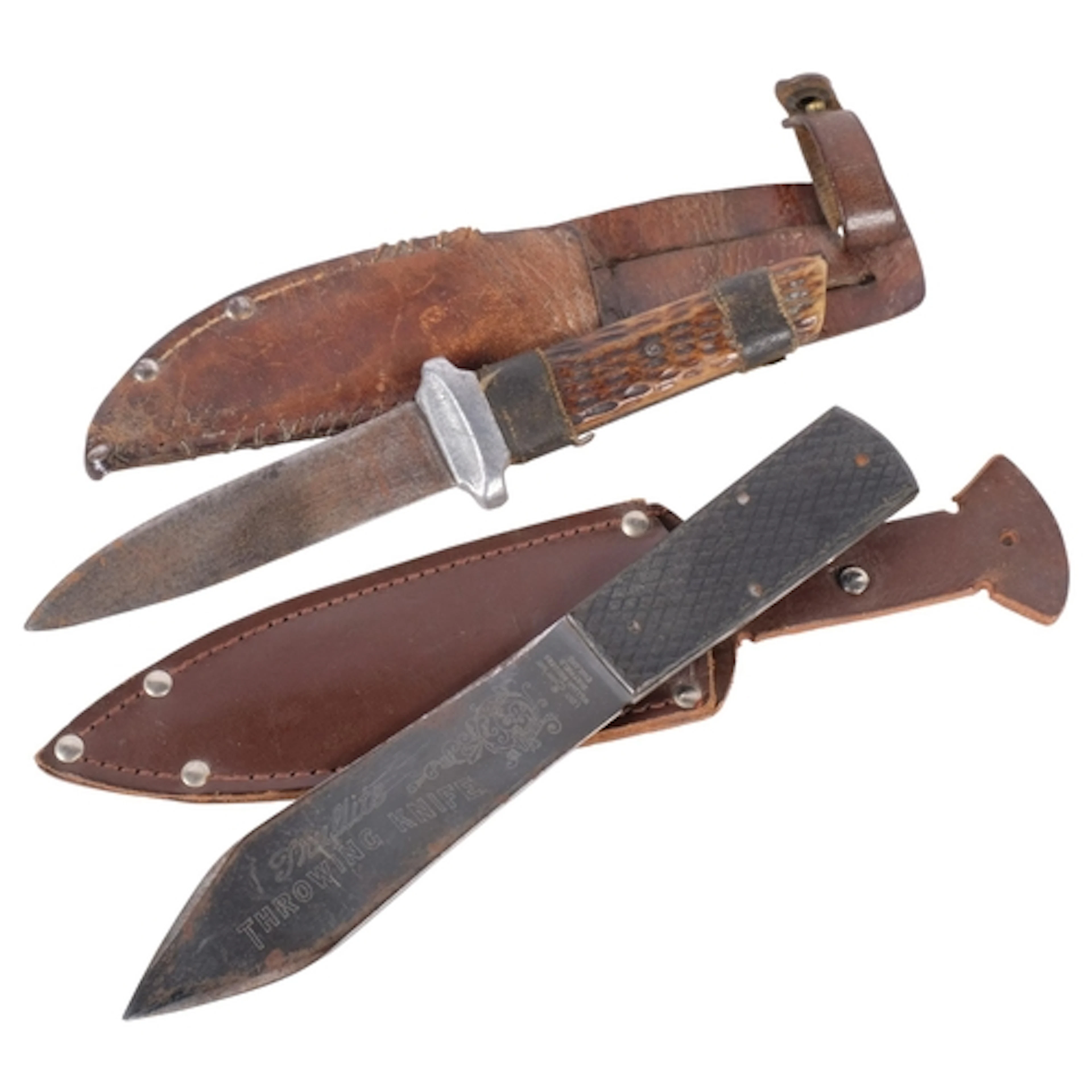 A small bone-handled hunting knife, with leather sheath, tog...