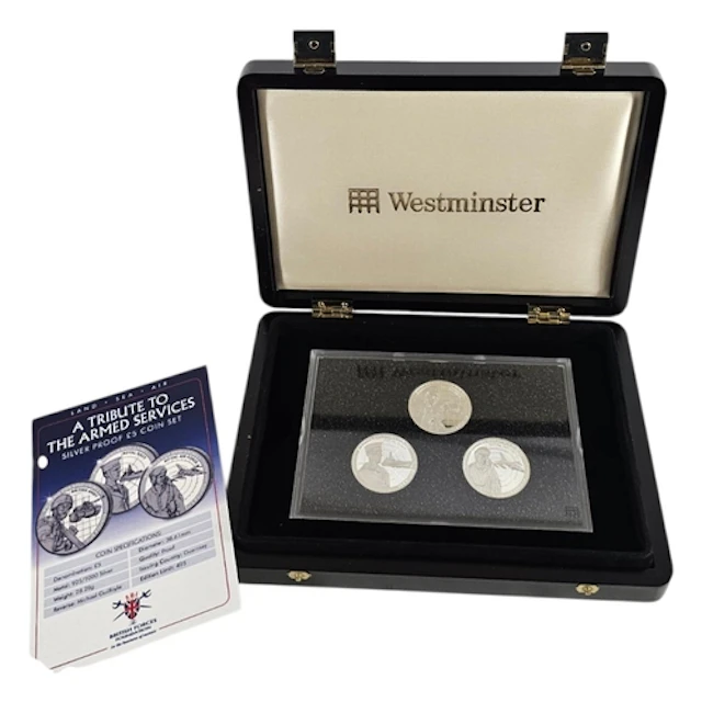 A SET OF THREE ‘ ARMED SERVICES ‘ SILVER PROOF FIVE POUND CO...