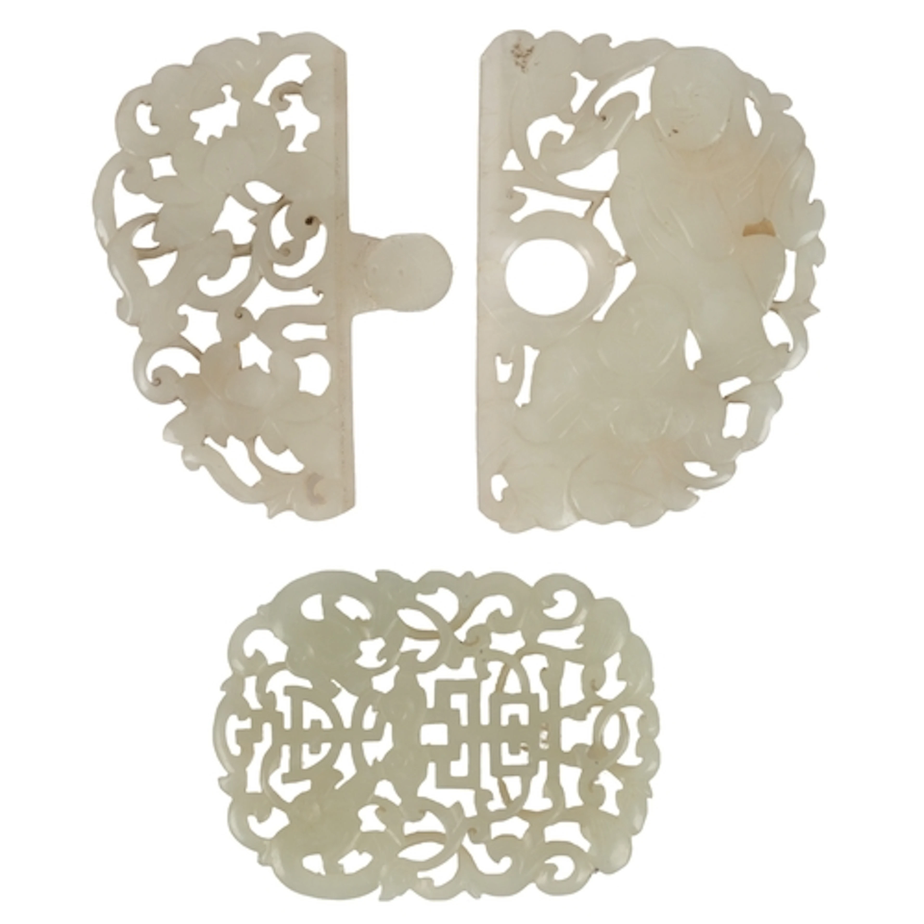 A Chinese 'Hehe Erxian' white jade two-piece belt buckle and...