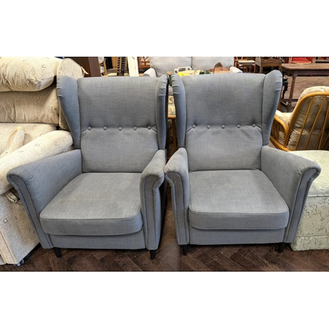 A pair of Ikea grey upholstered wing backed reclining easy c...