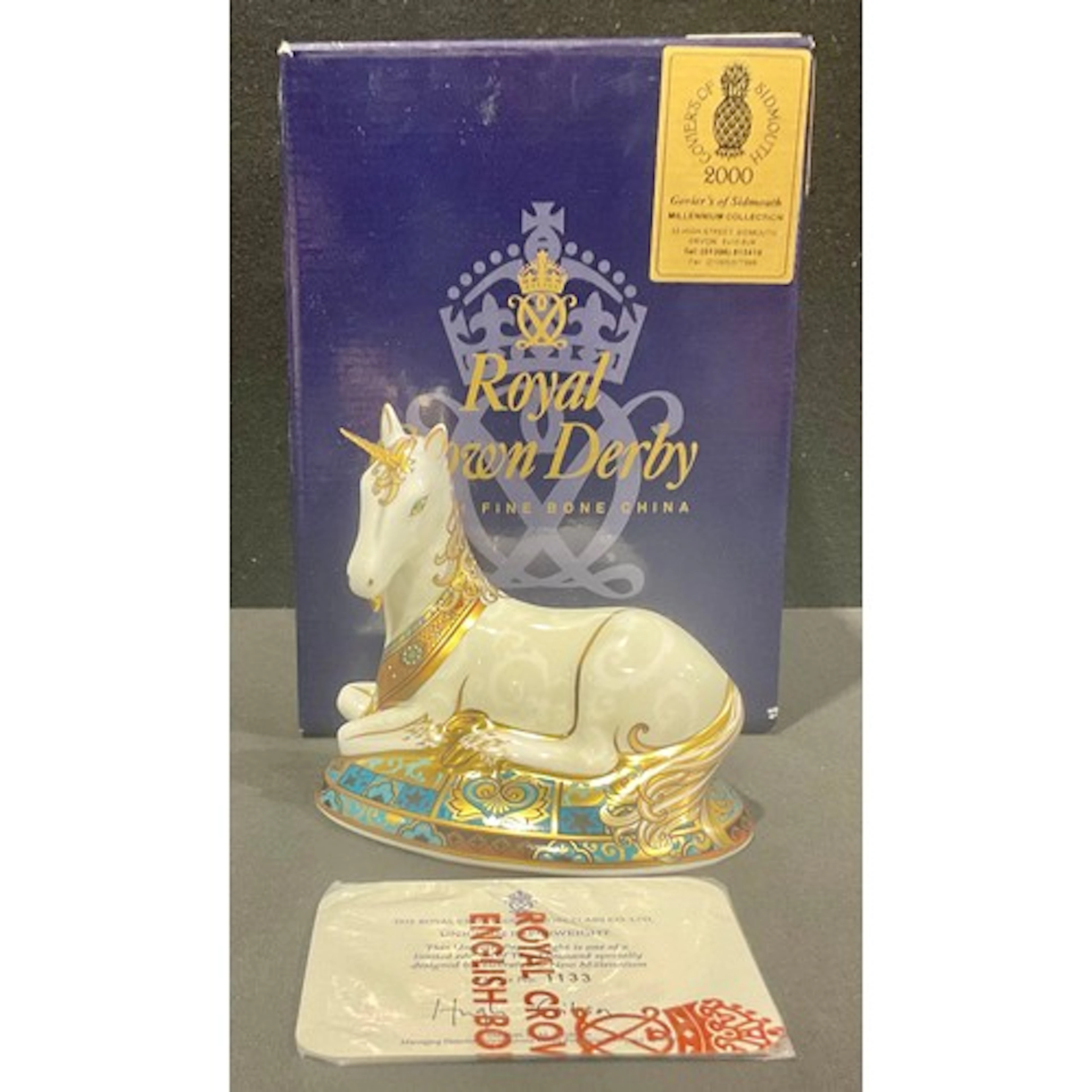 A Royal Crown Derby paperweight, Unicorn, specially designed...