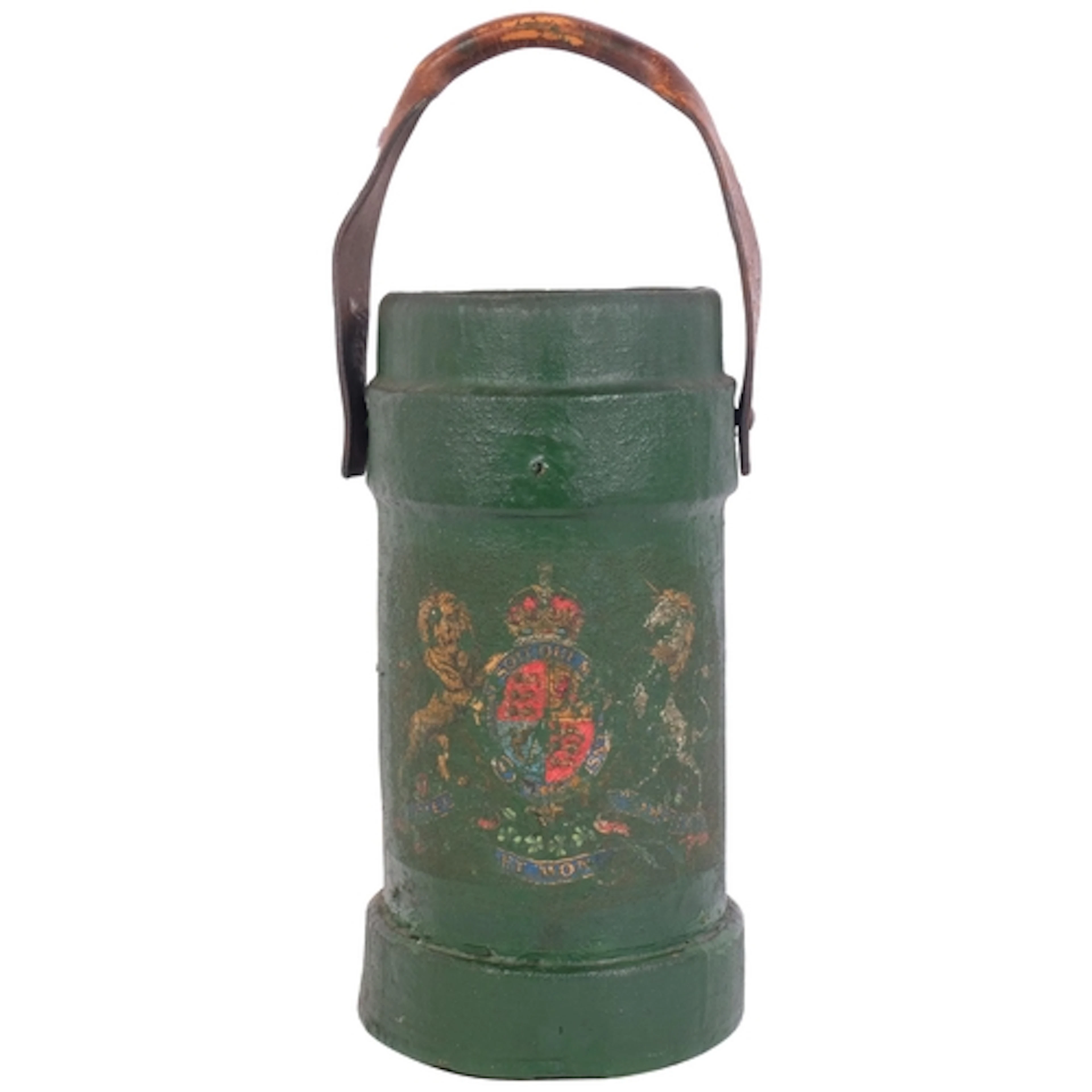 A 19th century British leather-covered fire bucket, green pa...