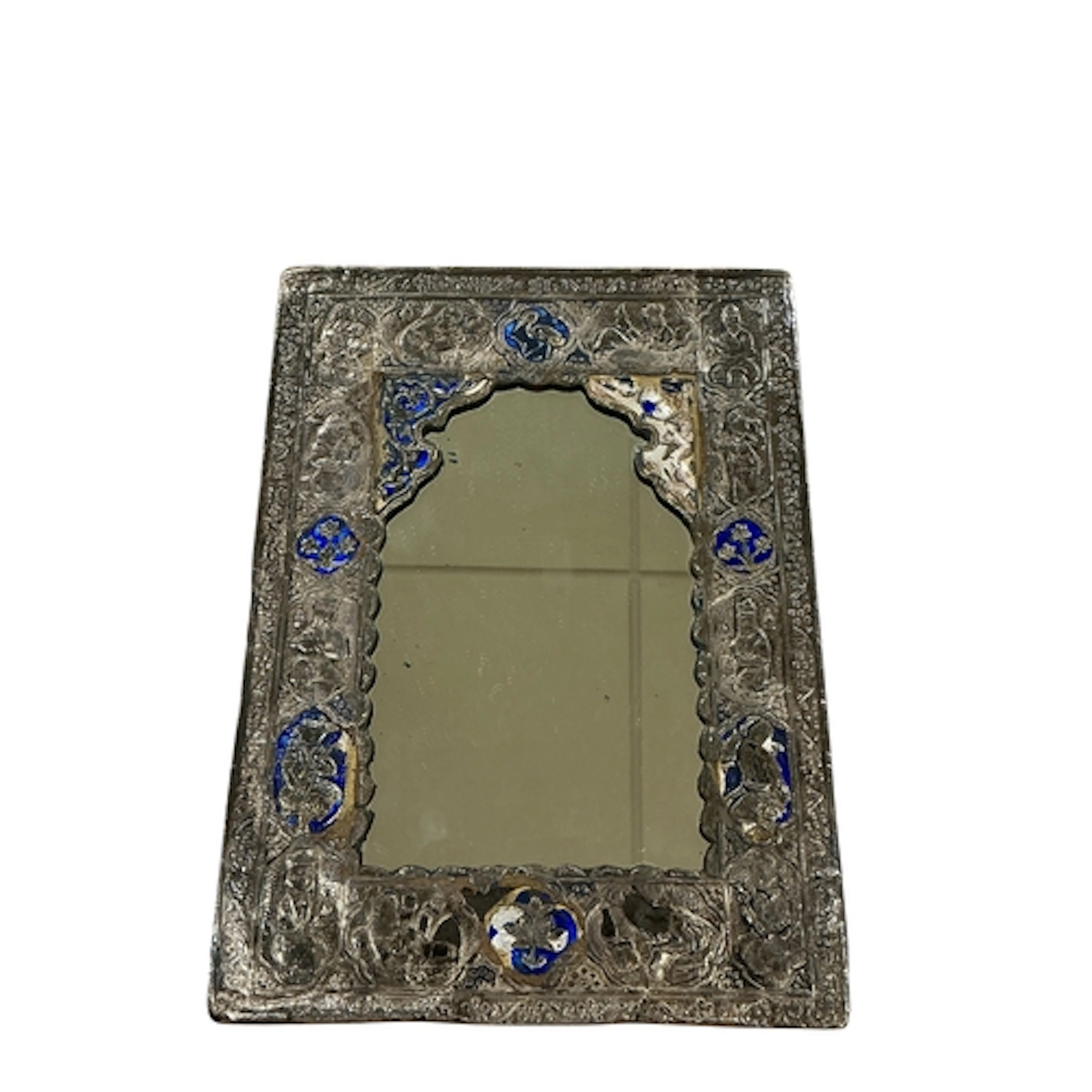 A silver and enamel Persian-style mirror, 26 x 22cm.