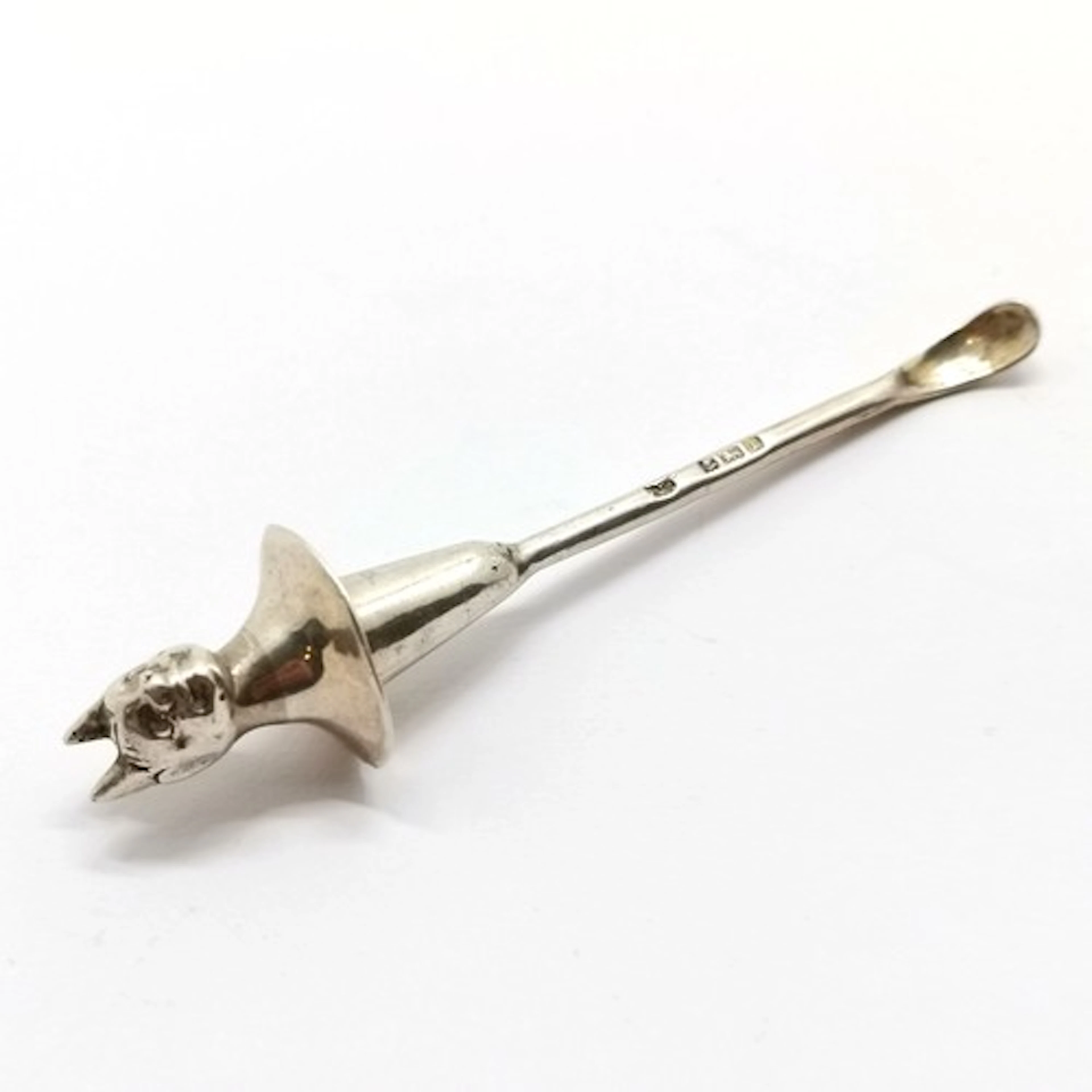 1908 antique silver cayenne pepper spoon with devil cast det...