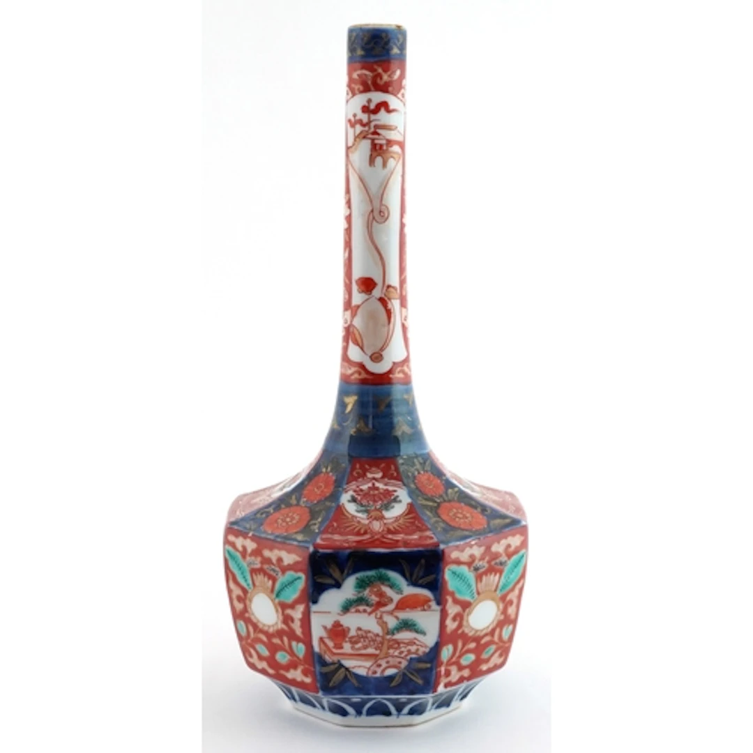 Japanese octagonal Imari bottle vase hand painted with flowe...