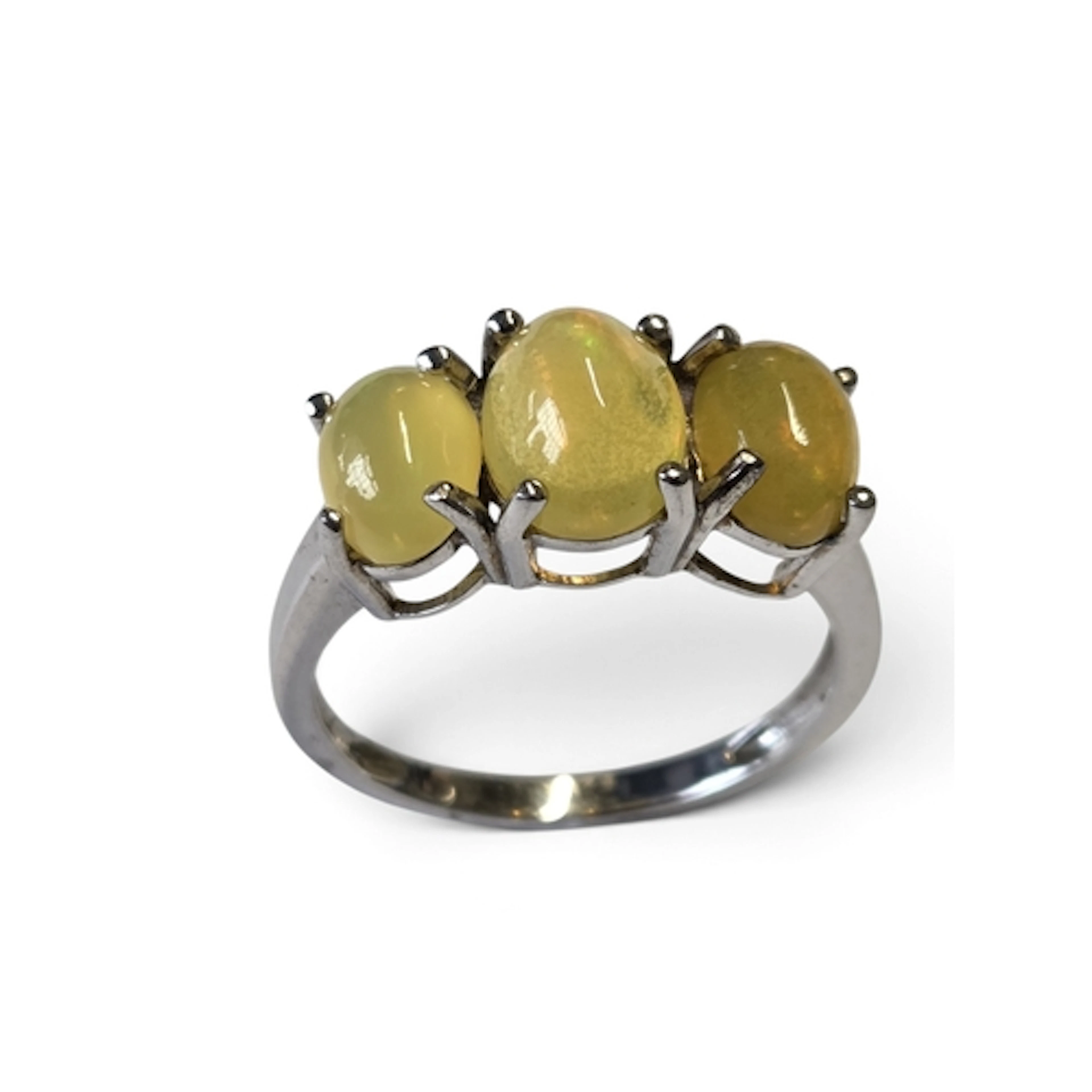 An unusual Opal three stone Silver Ring, size T.