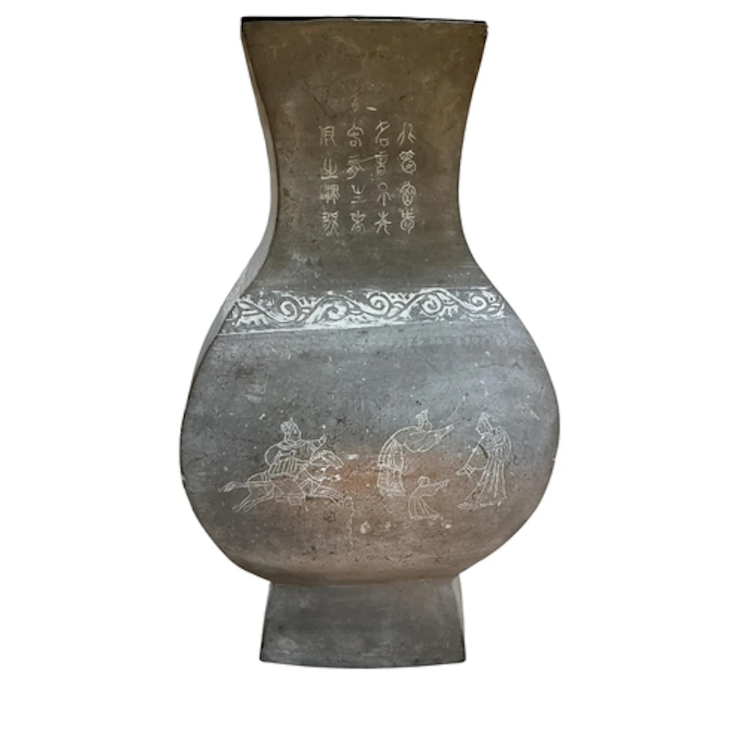 A Chinese incised and painted pottery vase, fanghu, Han dyna...