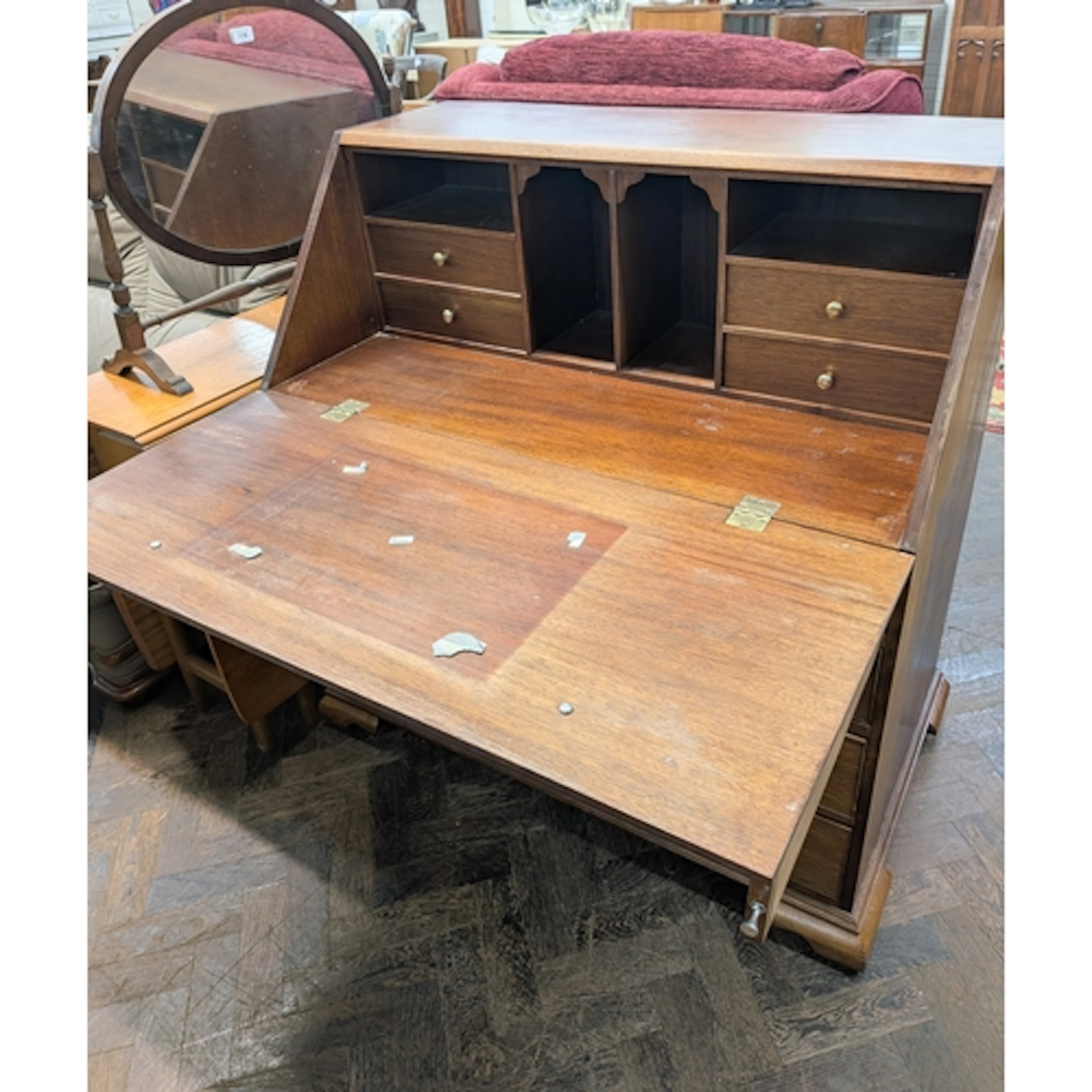 A Georgian style mahogany writing bureau, the fall flap with...