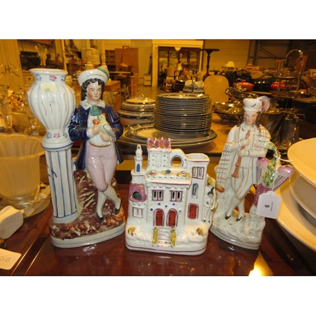 Two Victorian Staffordshire Pottery Spill Vases and a Figure...