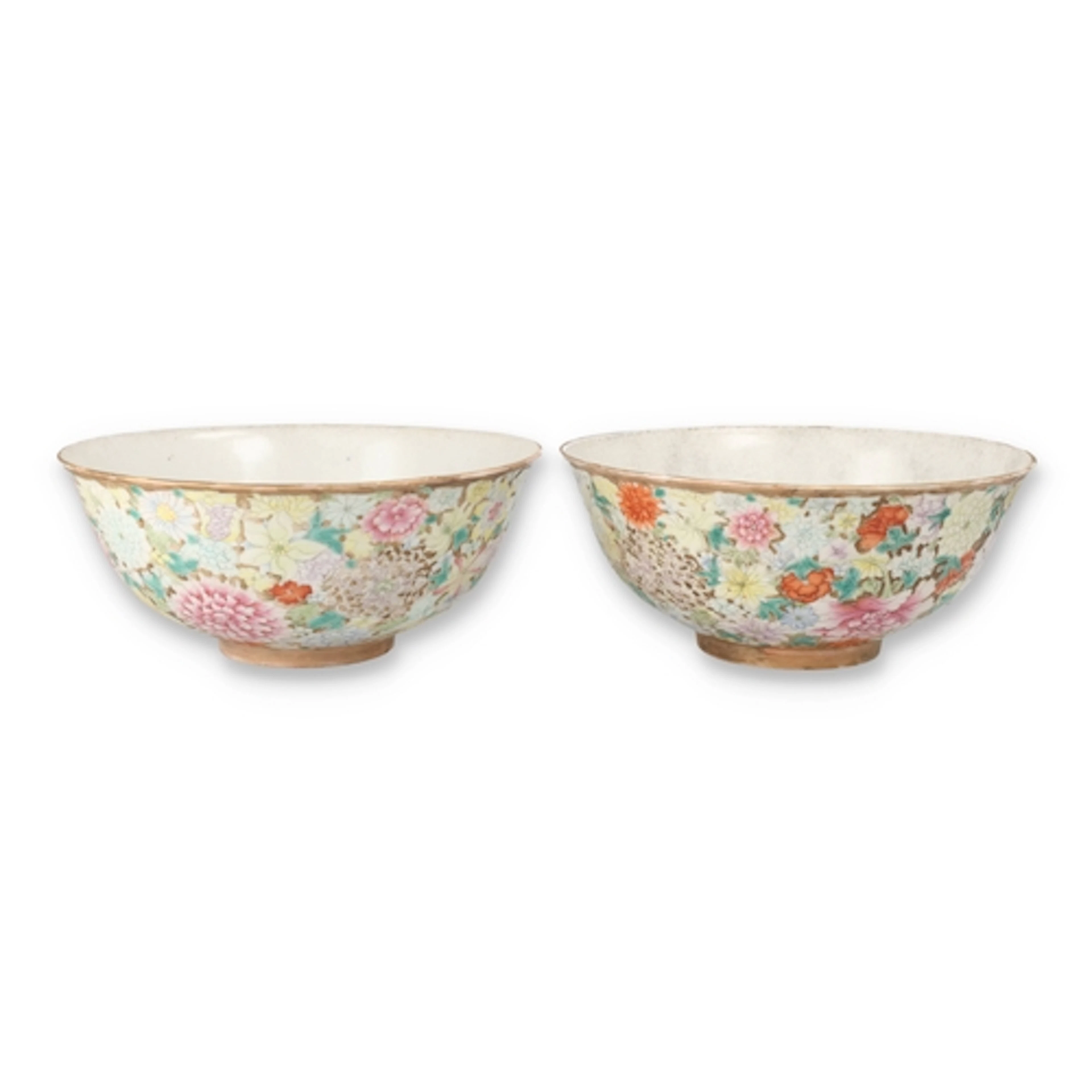A PAIR OF CHINESE MILLEFLEUR (ONE THOUSAND FLOWERS) BOWLS T...
