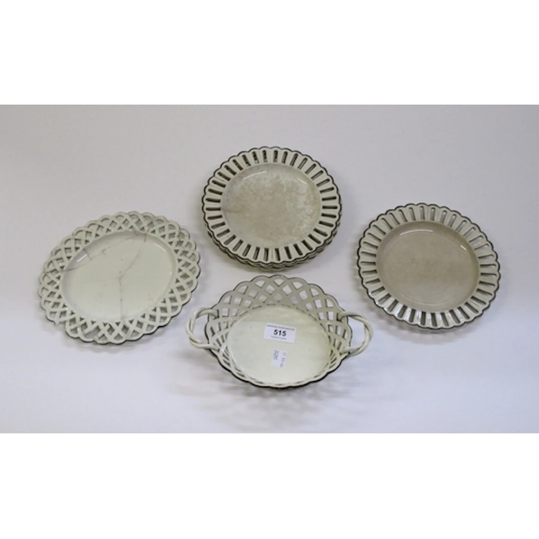 Wedgwood creamware oval basket and stand, together with four...