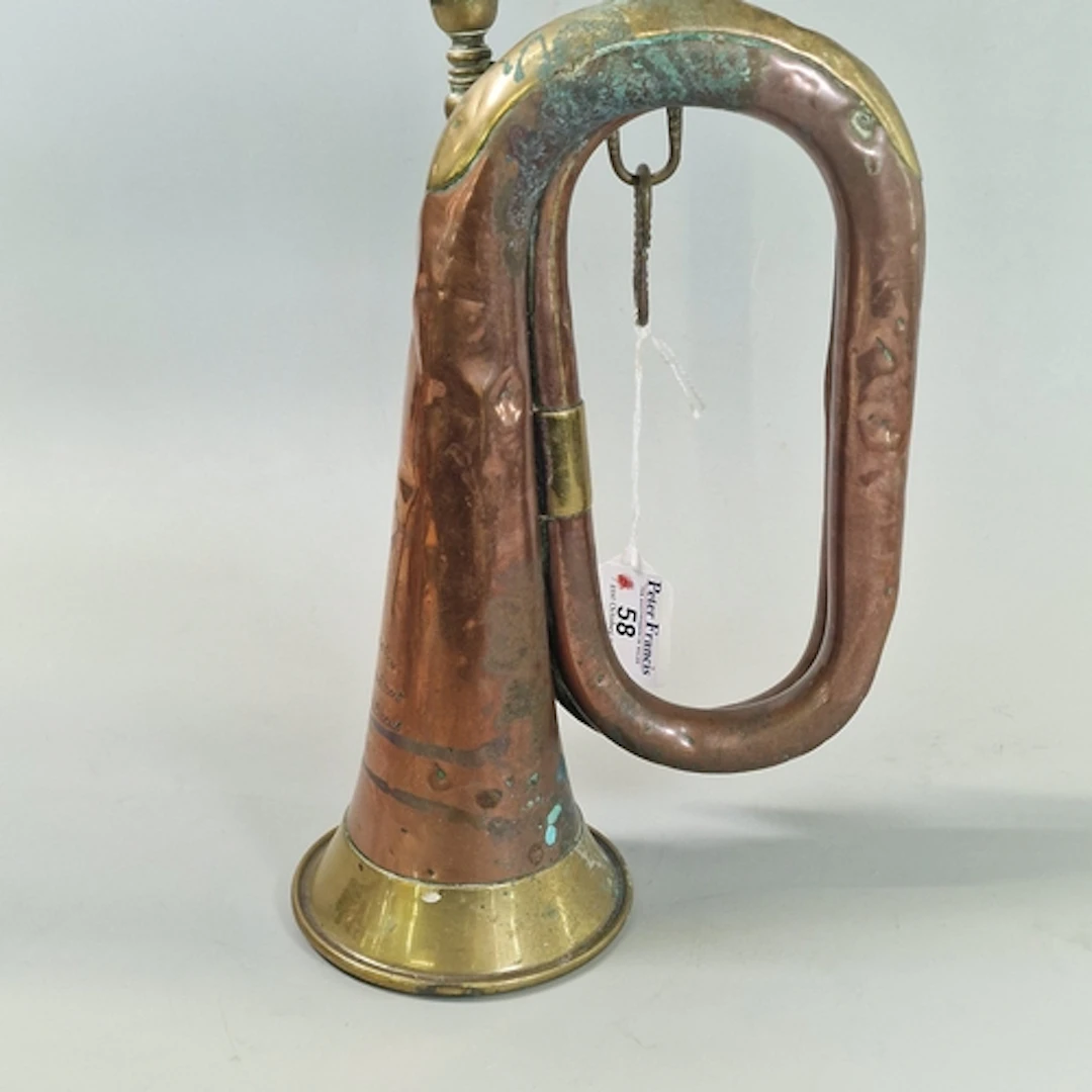 WW1 Copper and Brass Military Bugle, engraved ‘Hawkes & Son,...