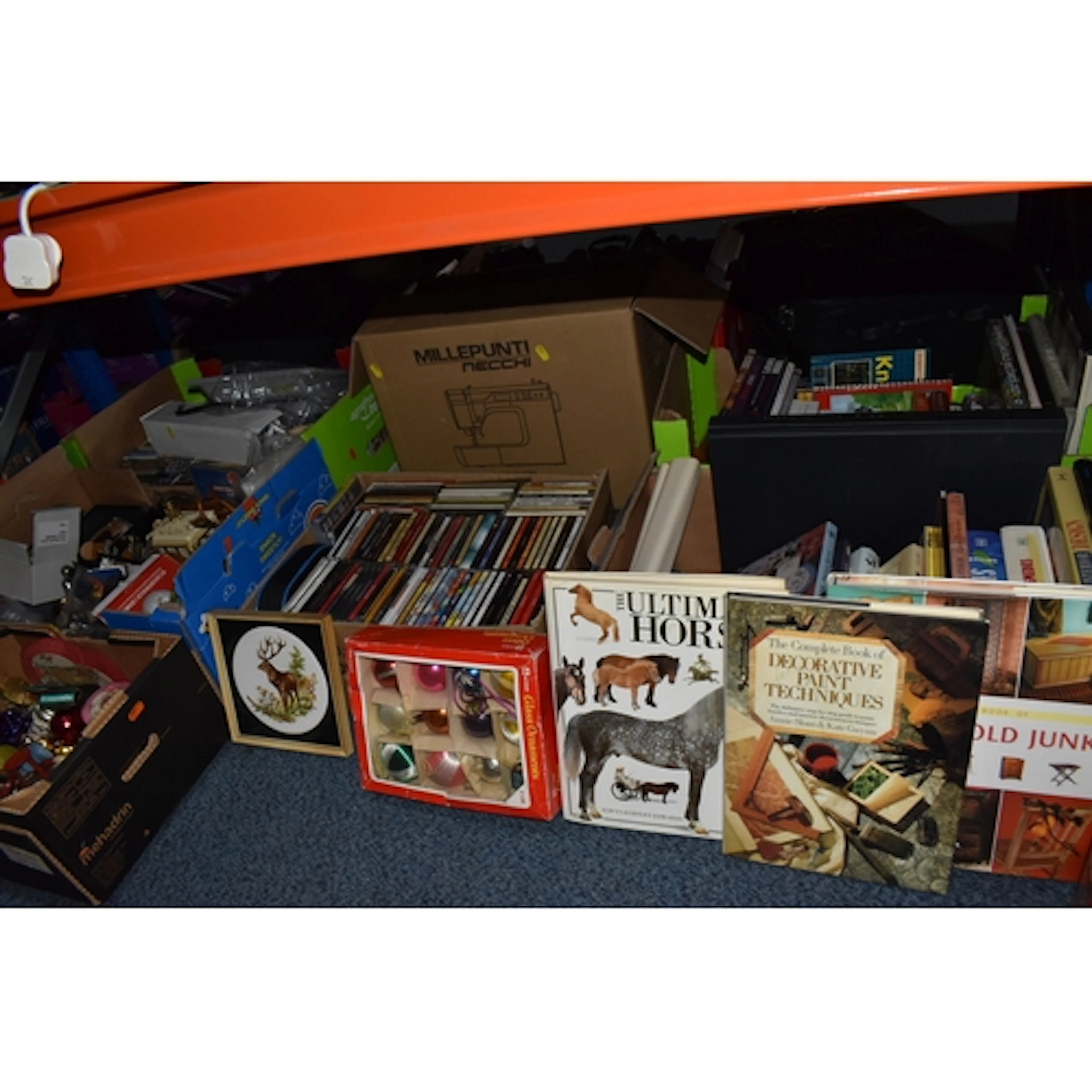 SIX BOXES OF BOOKS, DVDS, CDS, SEWING MACHINE AND SUNDRY ITE...