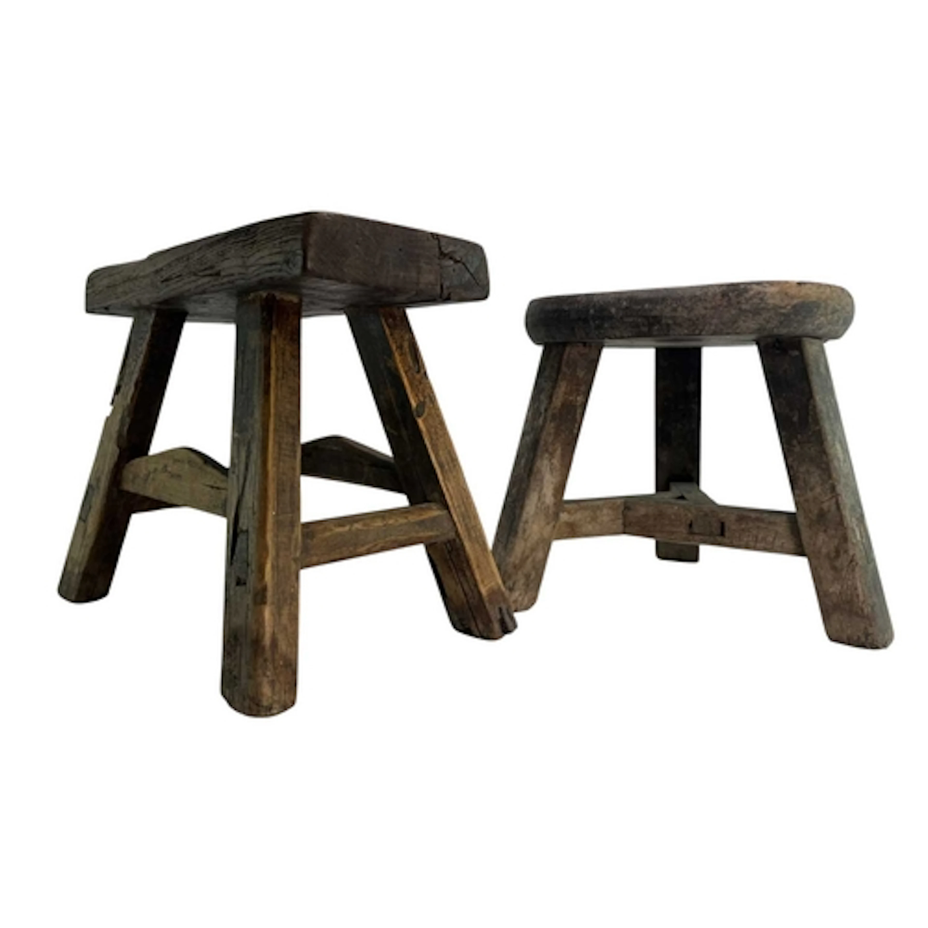 Two milking elm stools. One Chinese example having a rounded...