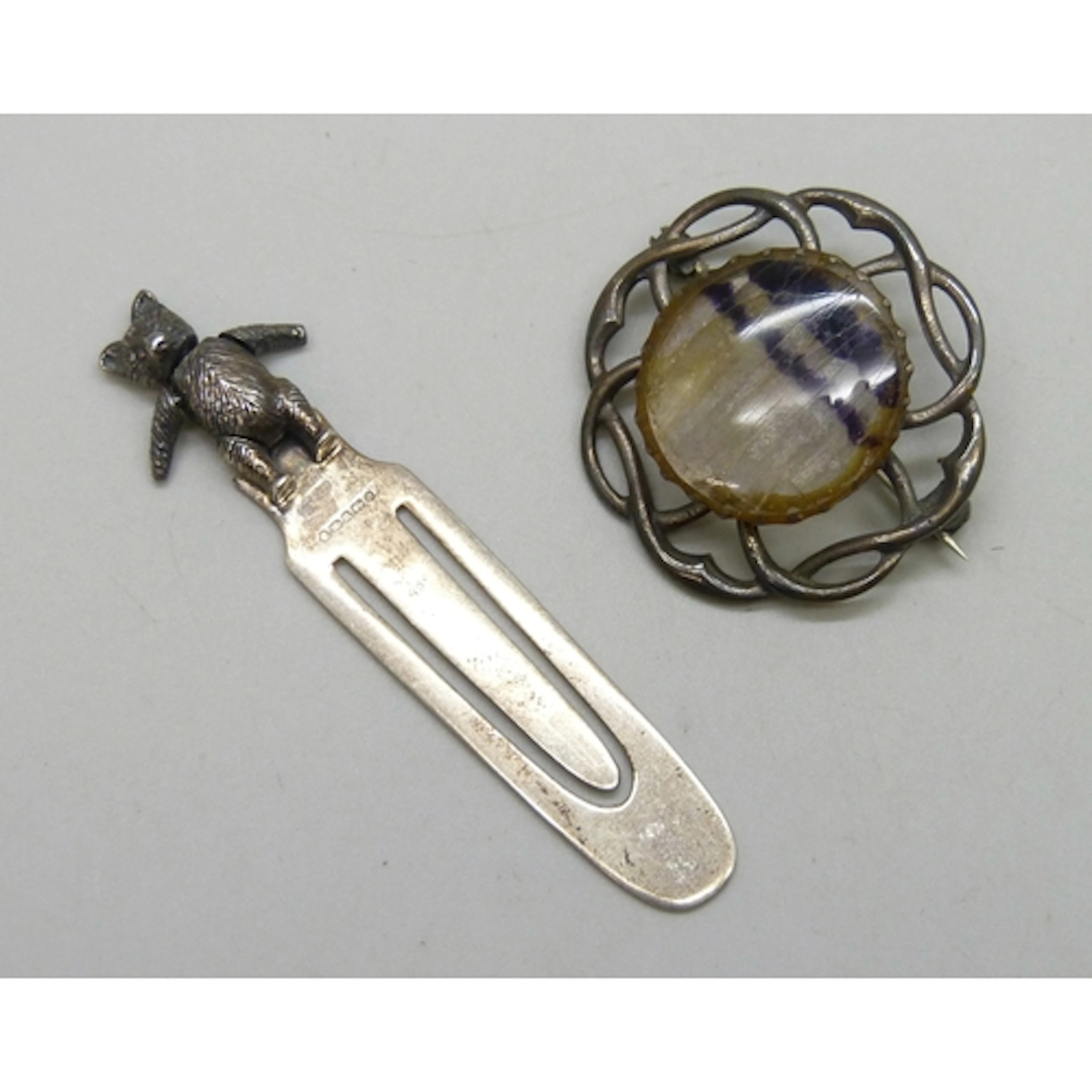 A silver mounted Blue John brooch, a/f, and a silver bookmar...