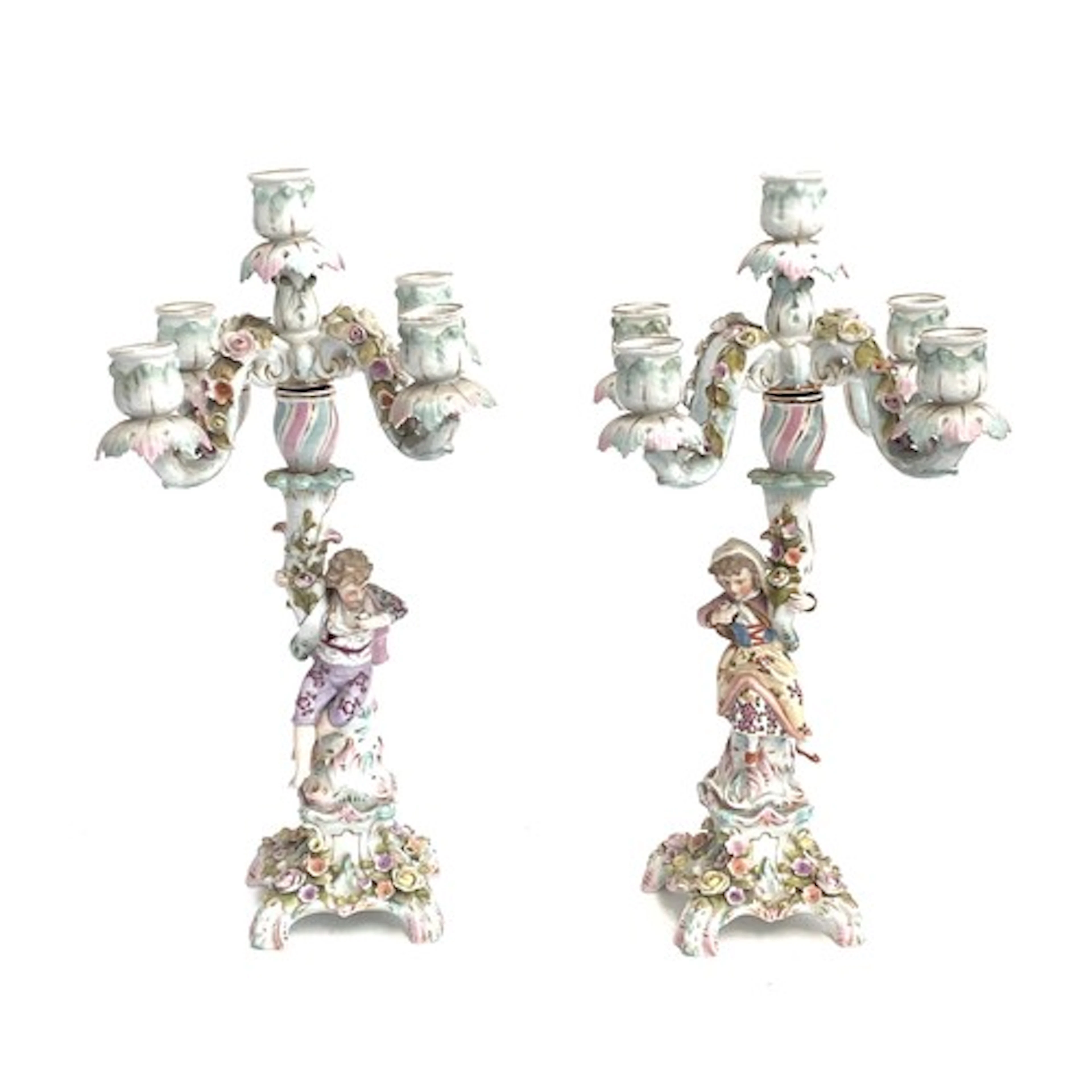 A pair of 19th century Dresden five fitting figural and flow...
