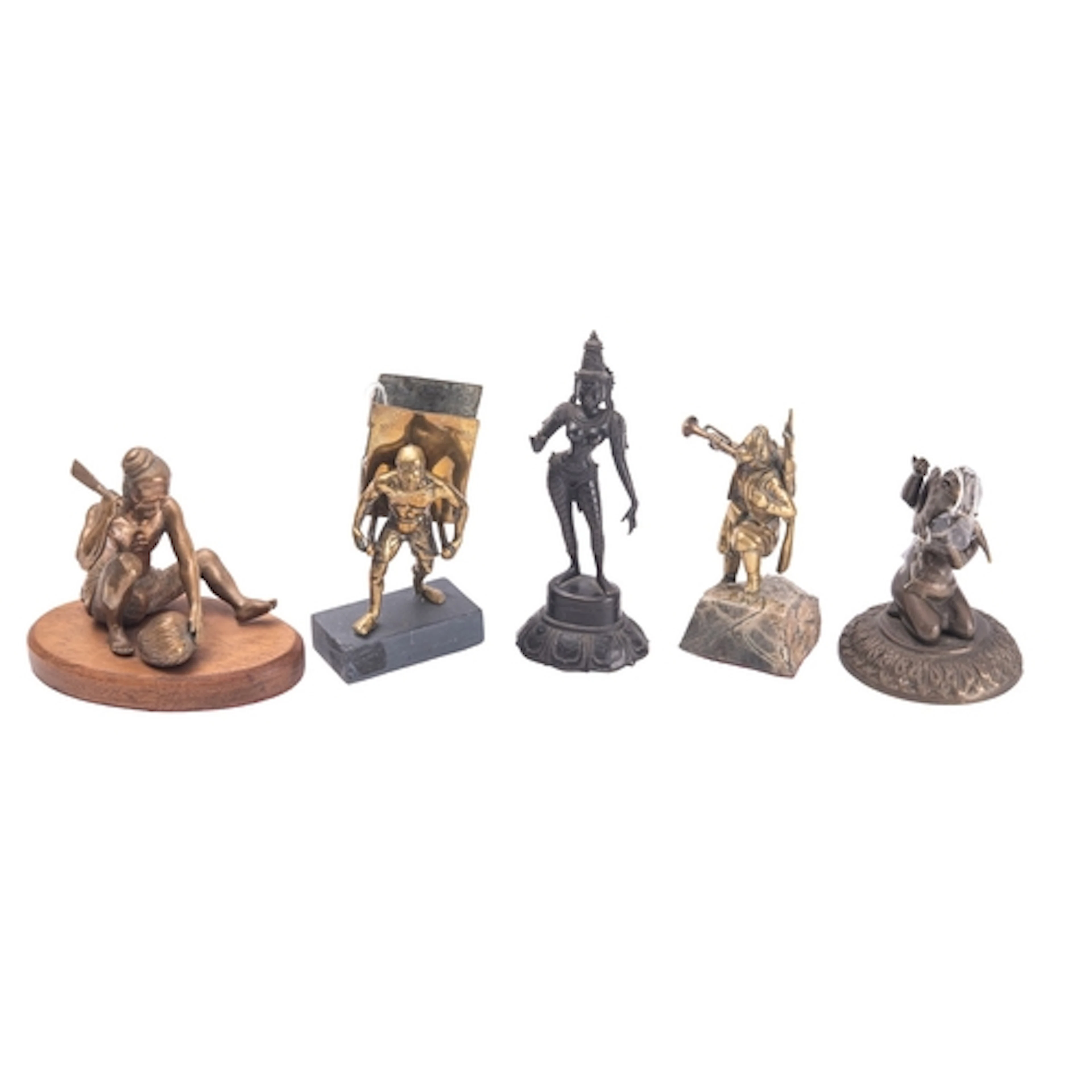 A group of five Asian bronze and brass figures including a s...