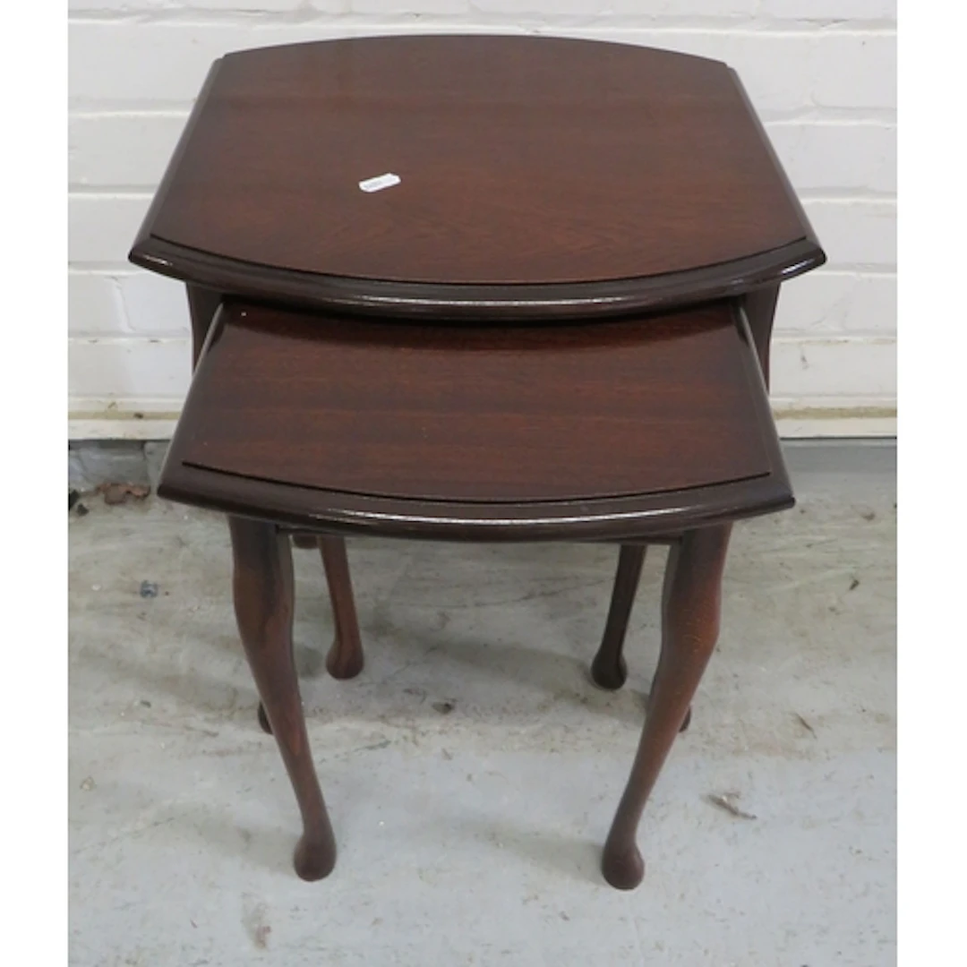 Set of 2 Dark Wooden Nest of Tables, tall slender supports, ...