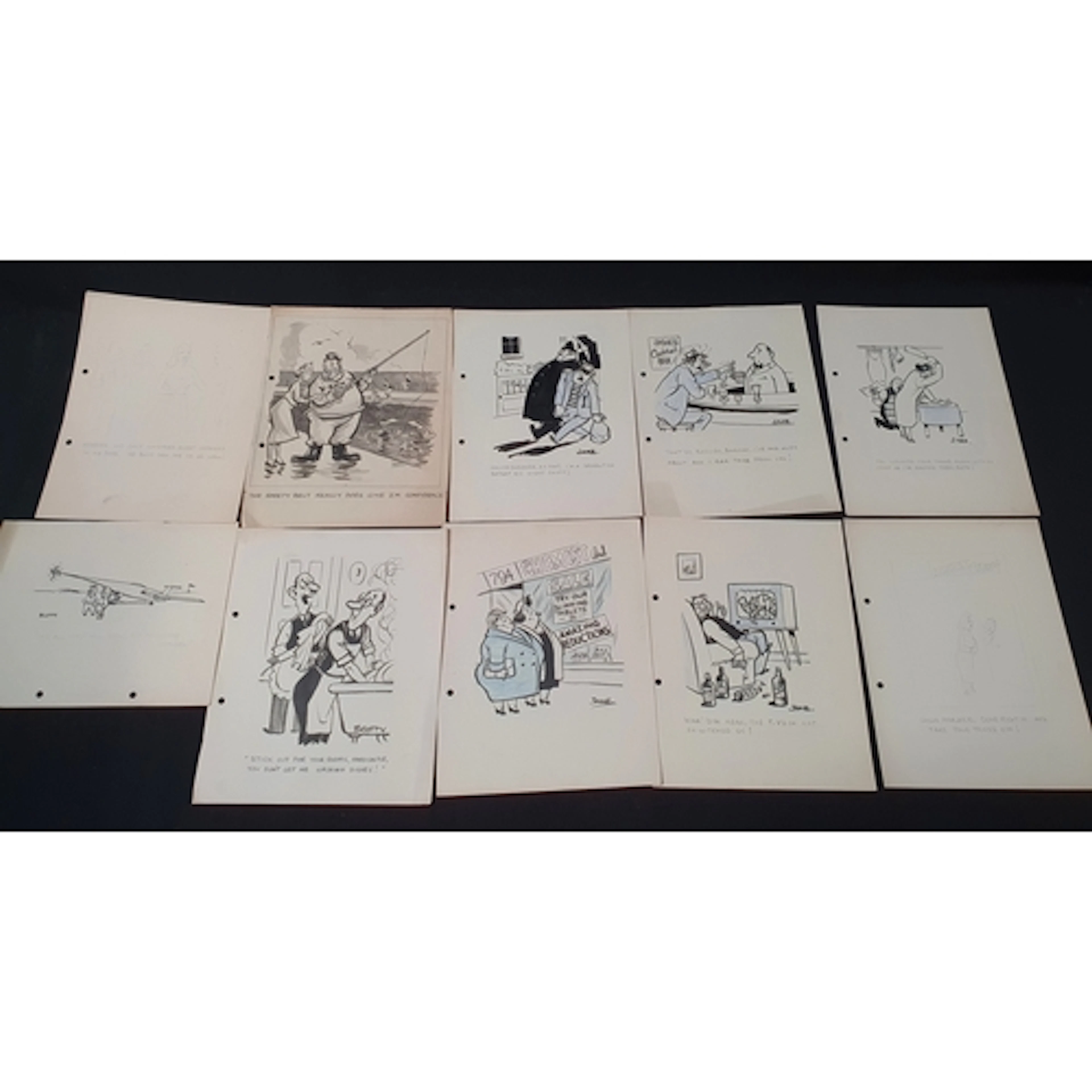EIGHT PEN AND INK ORIGINAL SINGLE-PANEL CARTOONS circa 1940s...