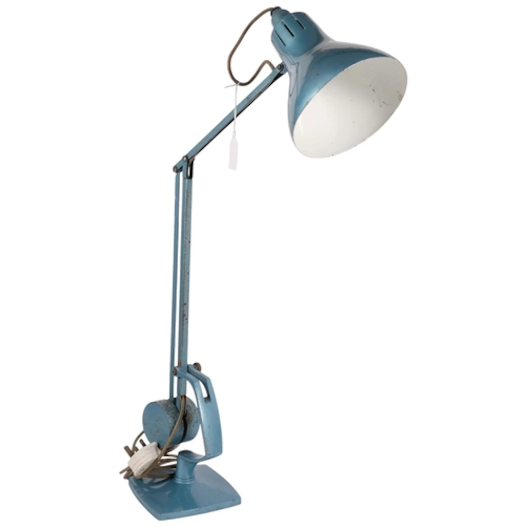 A blue Horstmann anglepoise type adjustable desk lamp