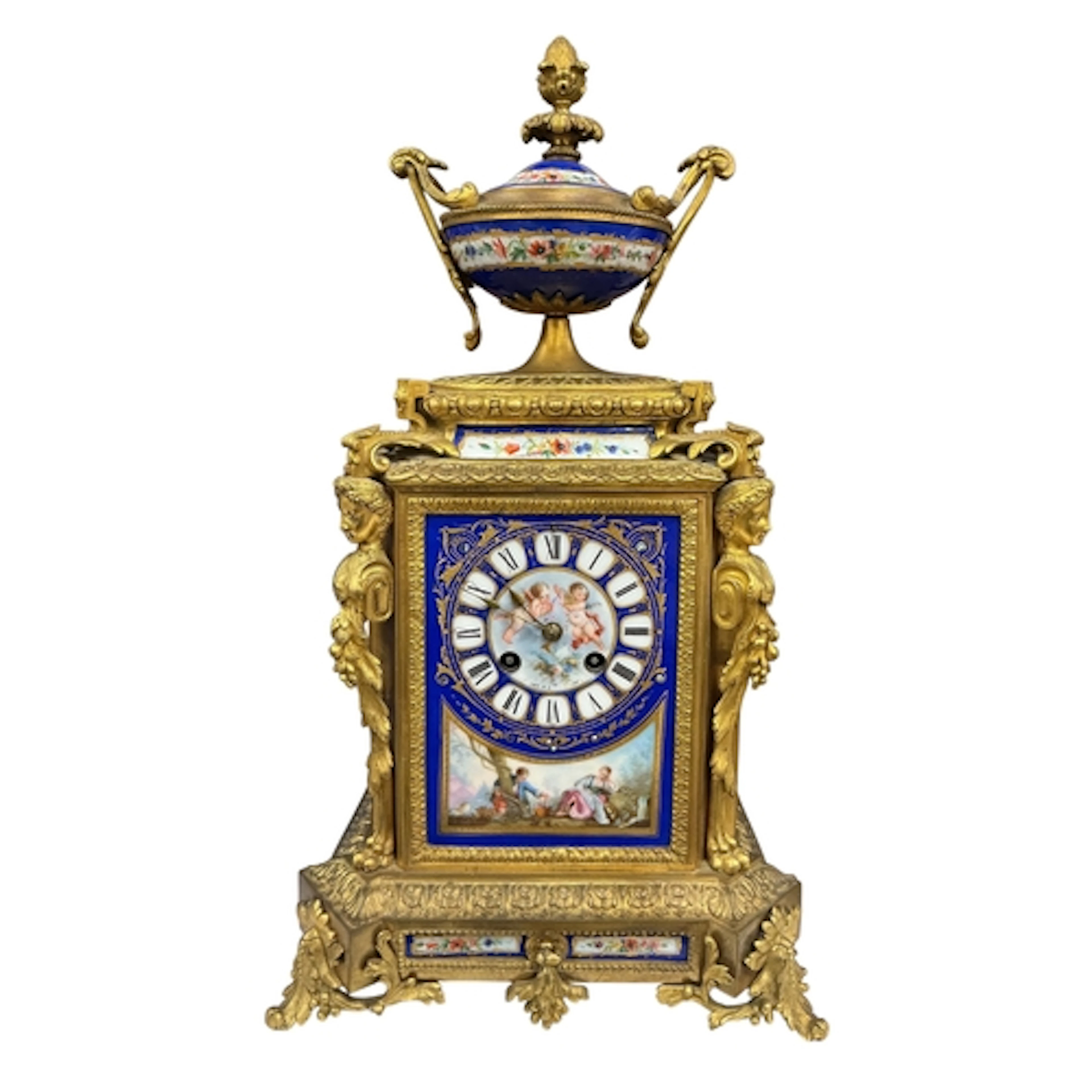 A French gilt bronze and Sevres style porcelain mantel clock...