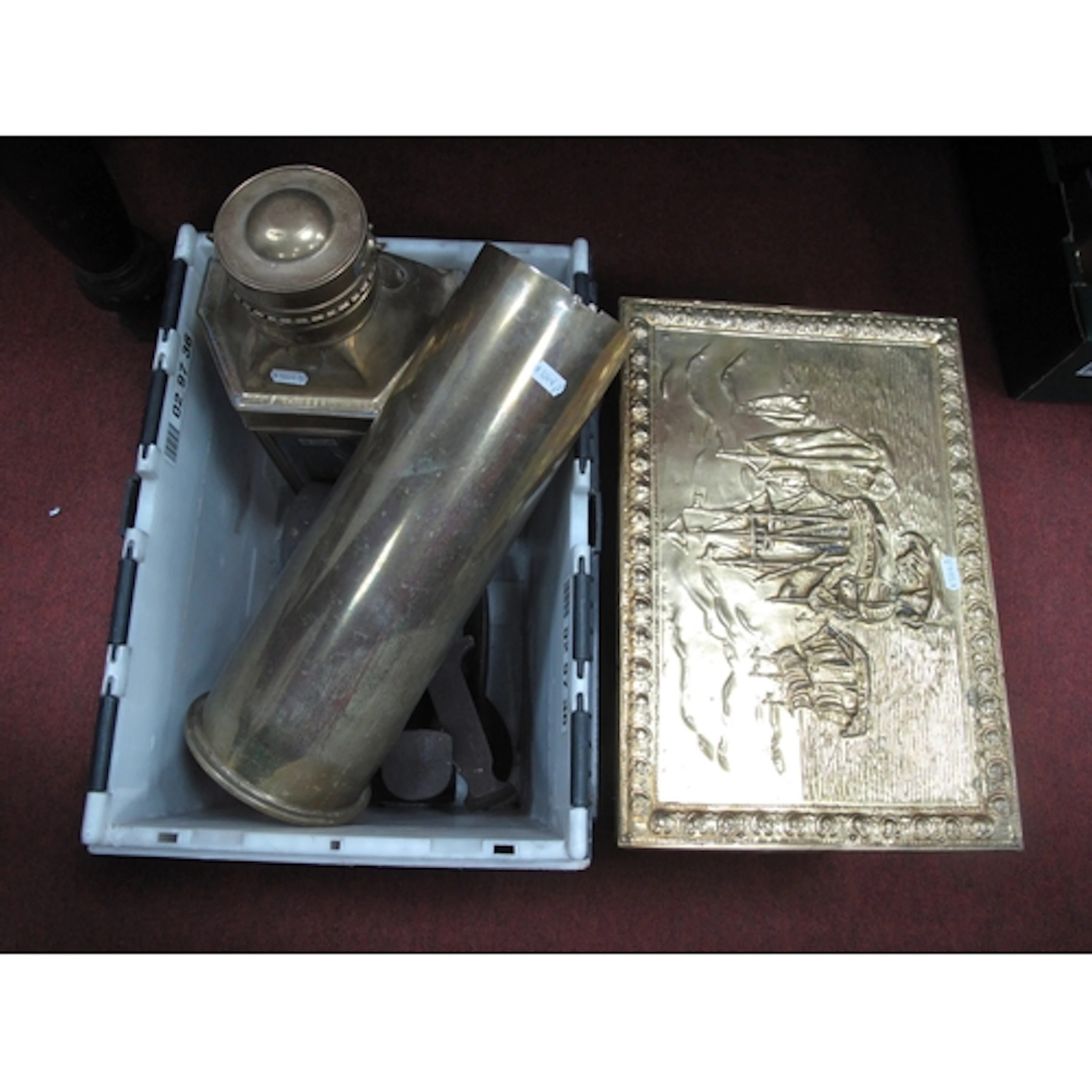 Metalware, including marine relief-embossed brass-clad woode...