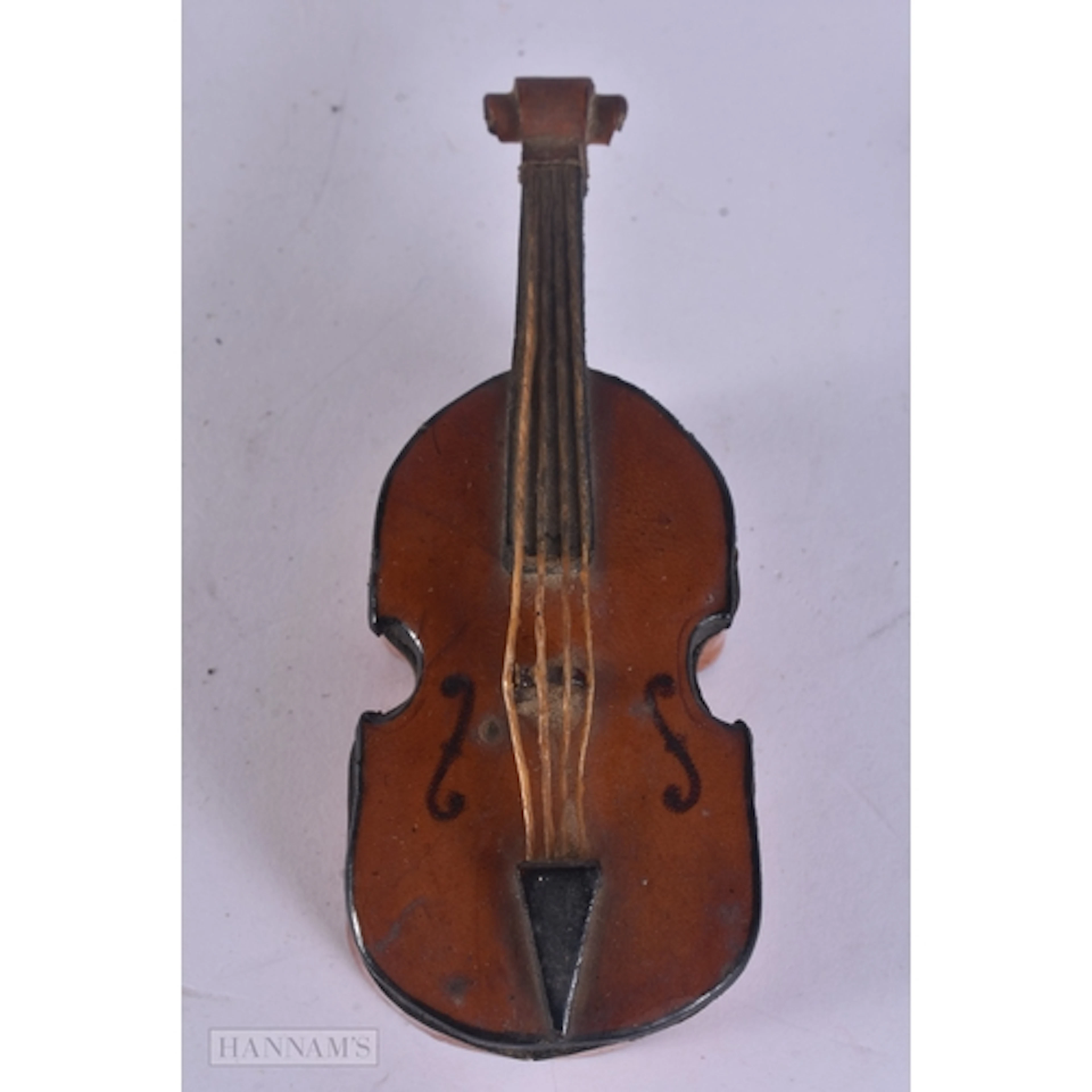 A RARE ANTIQUE MINIATURE CARVED WOOD VIOLIN FORM SNUFF BOX A...