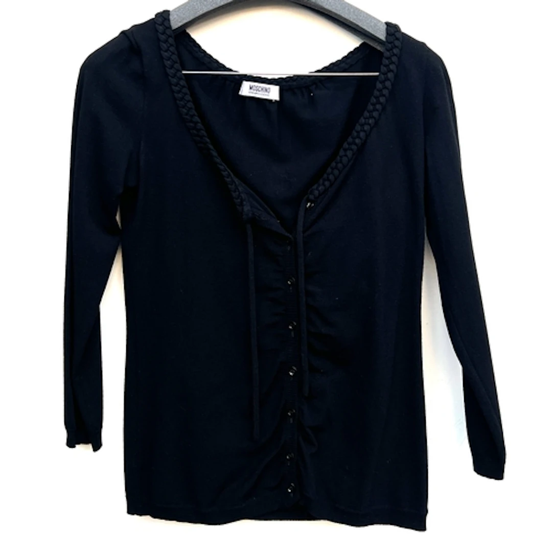 A Moschino black top with braided collar detail, size 14