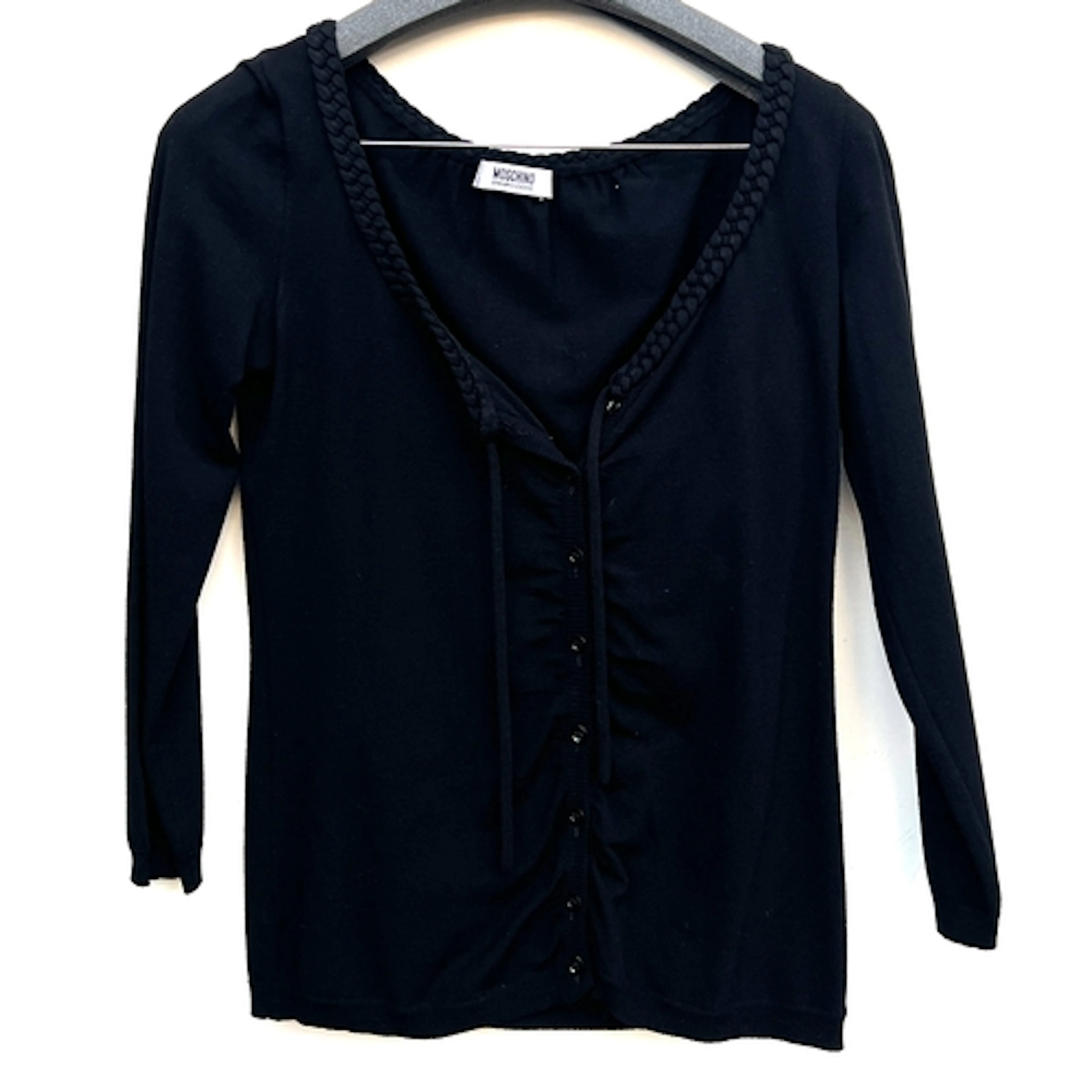 A Moschino black top with braided collar detail, size 14