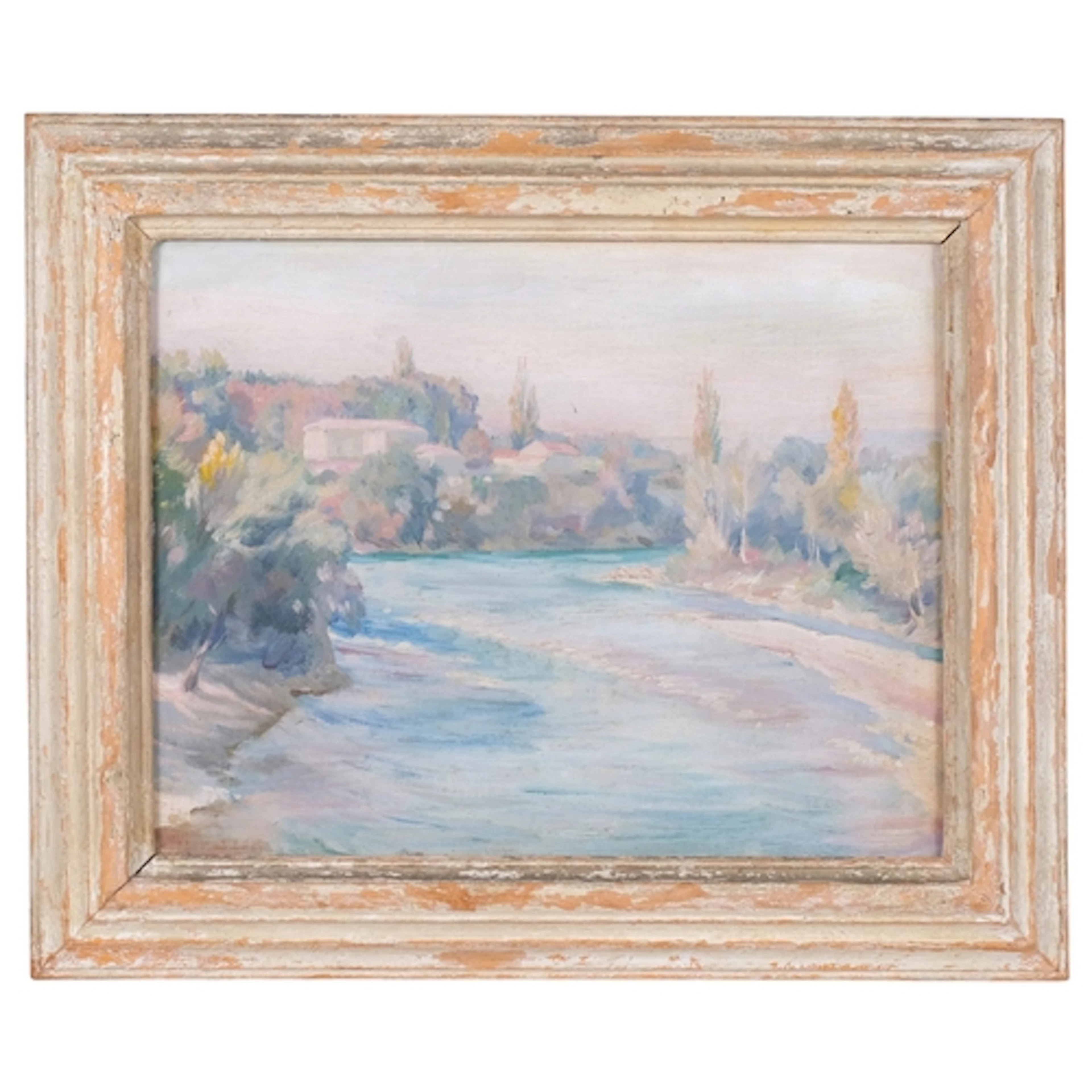 Continental river landscape, mid-20th century oil on board, ...