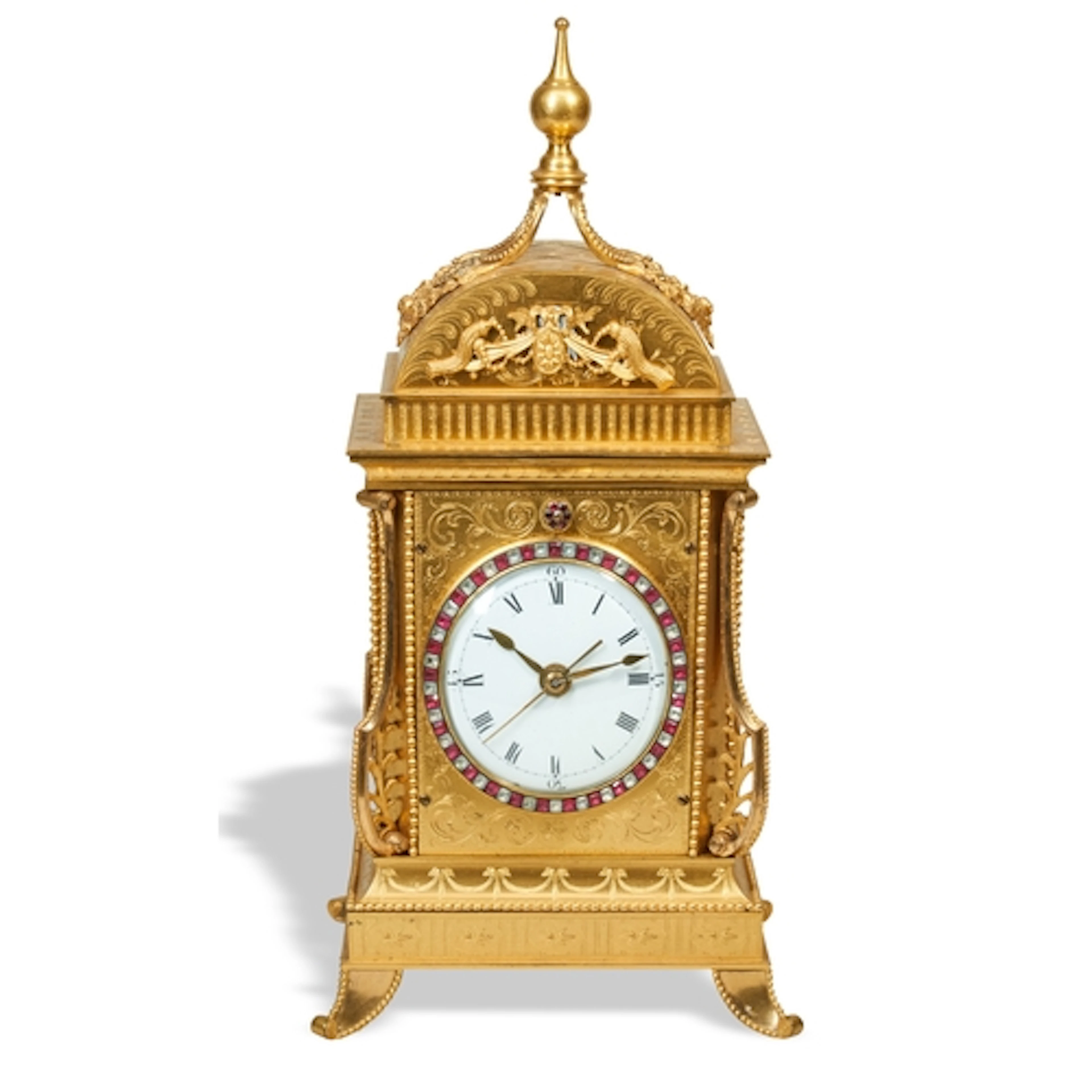 A RARE CHINESE ORMOLU AND PASTE SET STRIKING VERGE MANTEL CL...