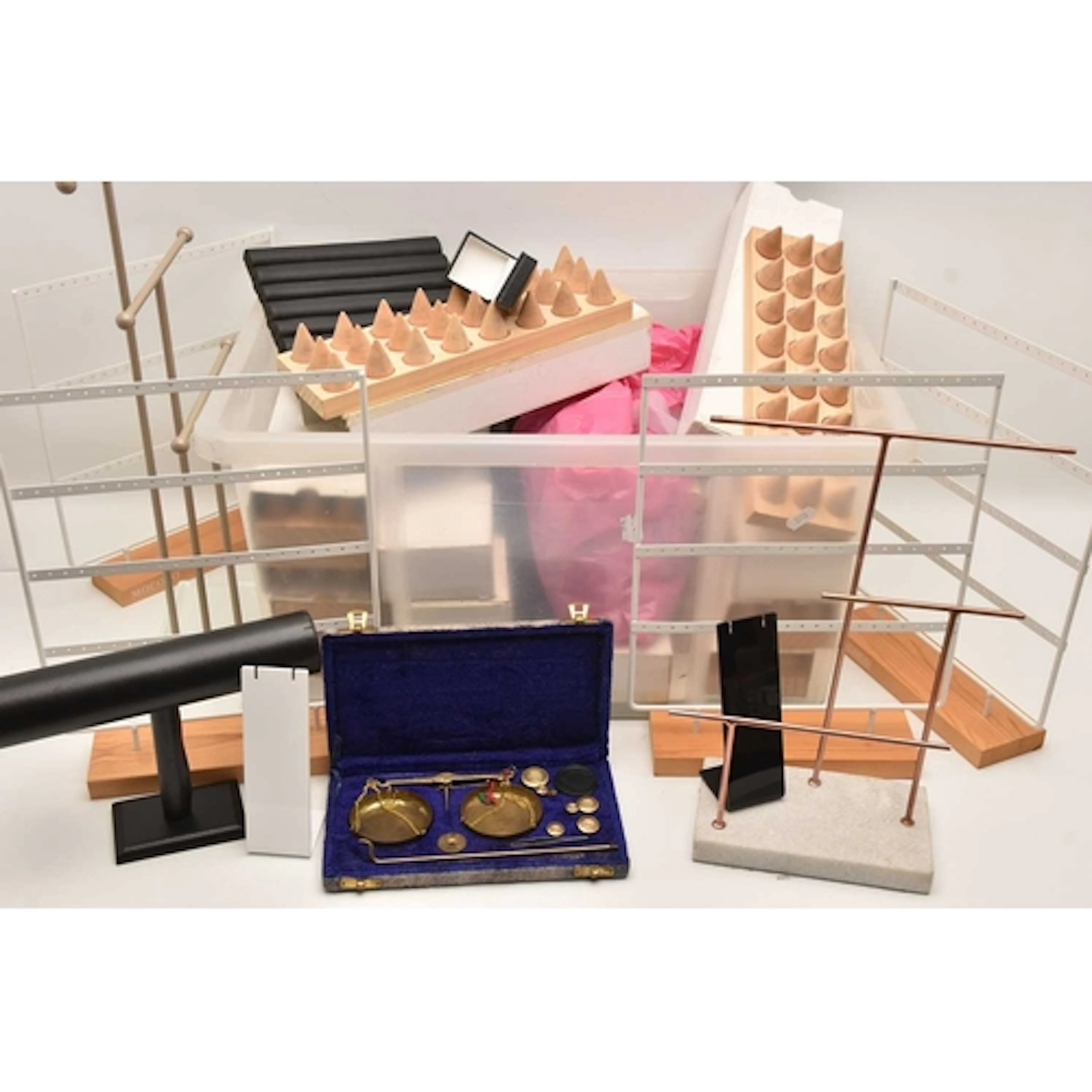 AN ASSORTMENT OF JEWELLERY DISPLAYS, for rings, necklaces, e...