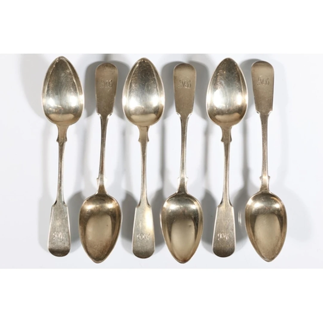 Set of six Victorian silver fiddle pattern teaspoons by ...
