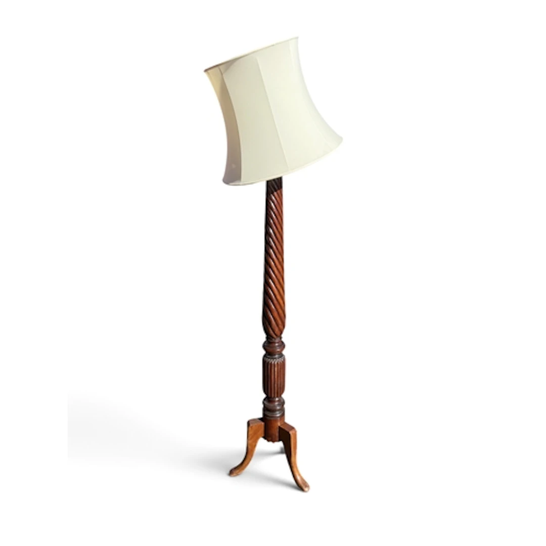 A MAHOGANY STANDARD LAMP CRAFTED FROM A TURNED VICTORIAN BED...