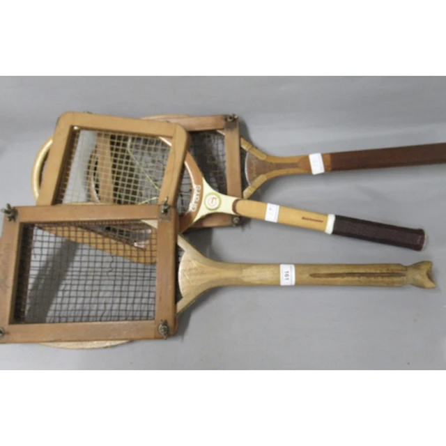 Group of three tennis rackets, including a Defiance Fishtail...