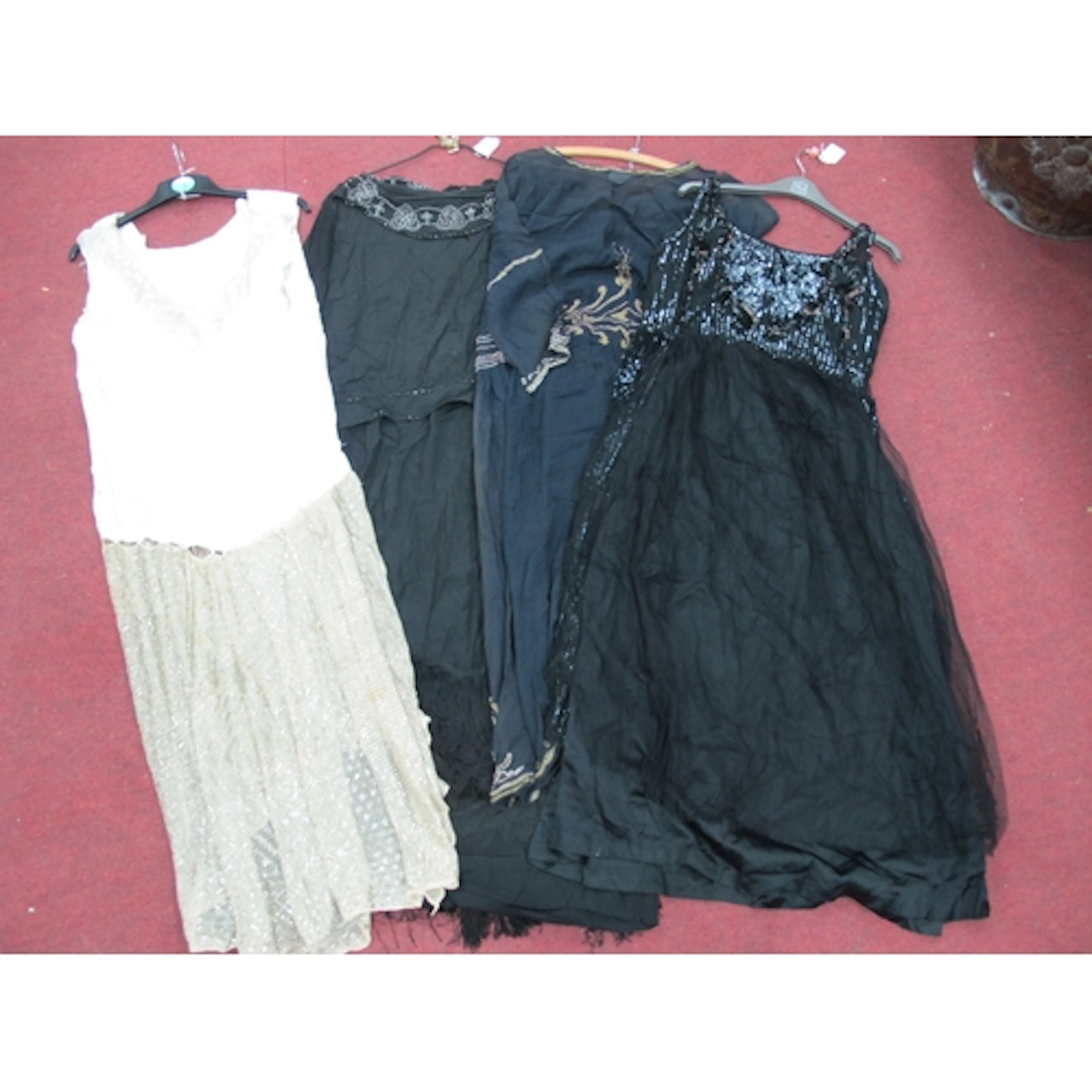 A c.1920's Black Silk Flapper Style Dress, with drop waist a...