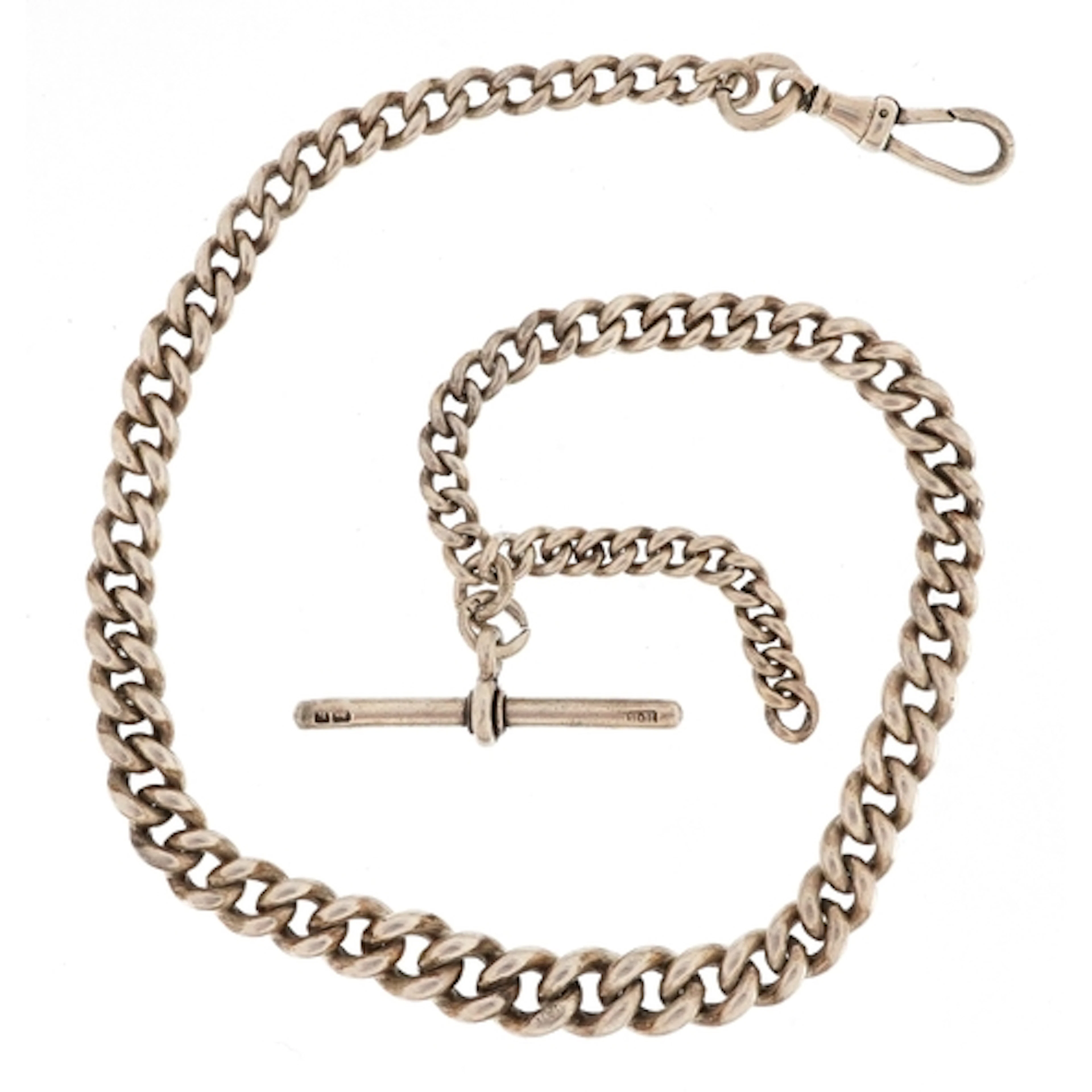 Graduated silver watch chain with swivel dog clip clasp and ...