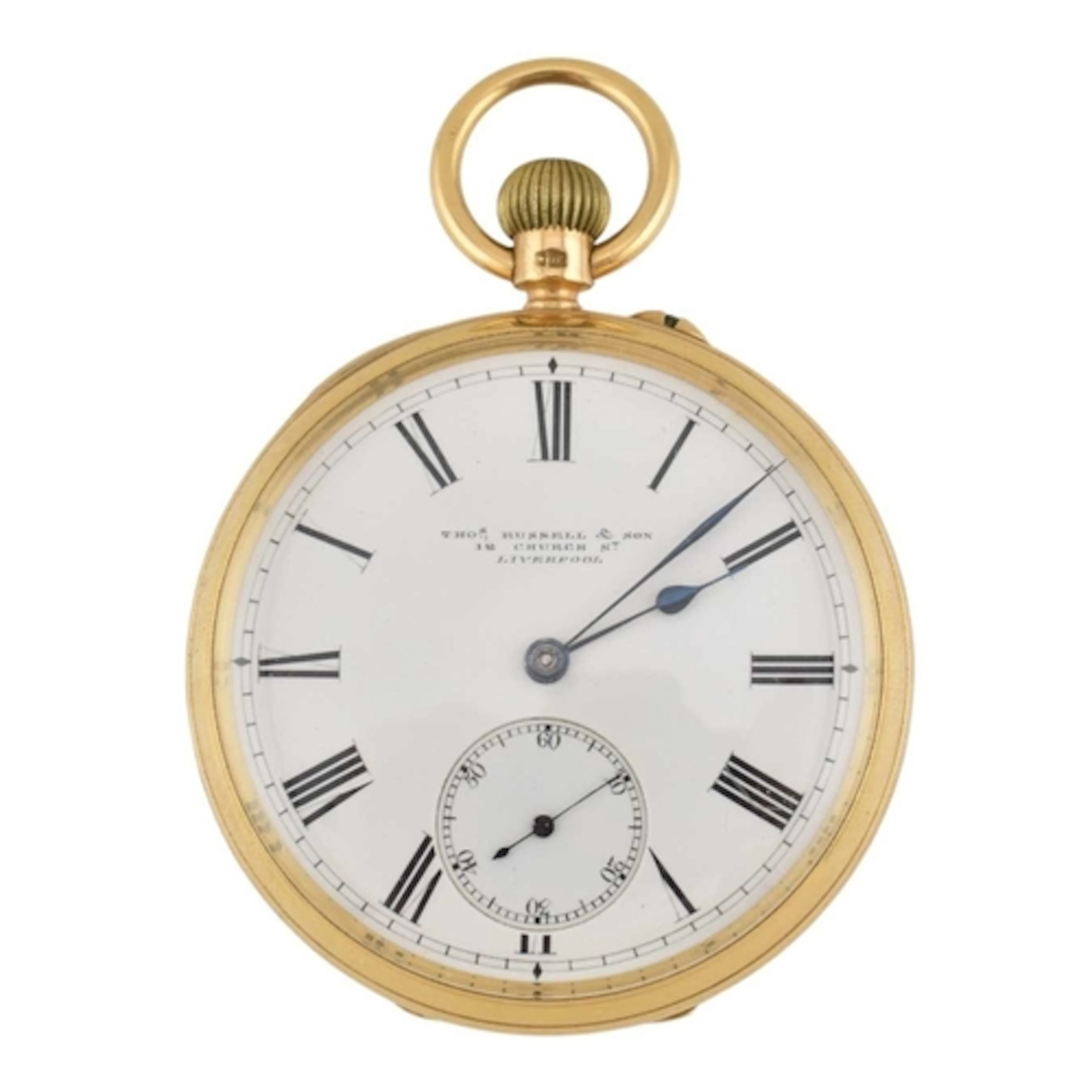 A hallmarked 18ct gold Thomas Russell open face pocket watch...