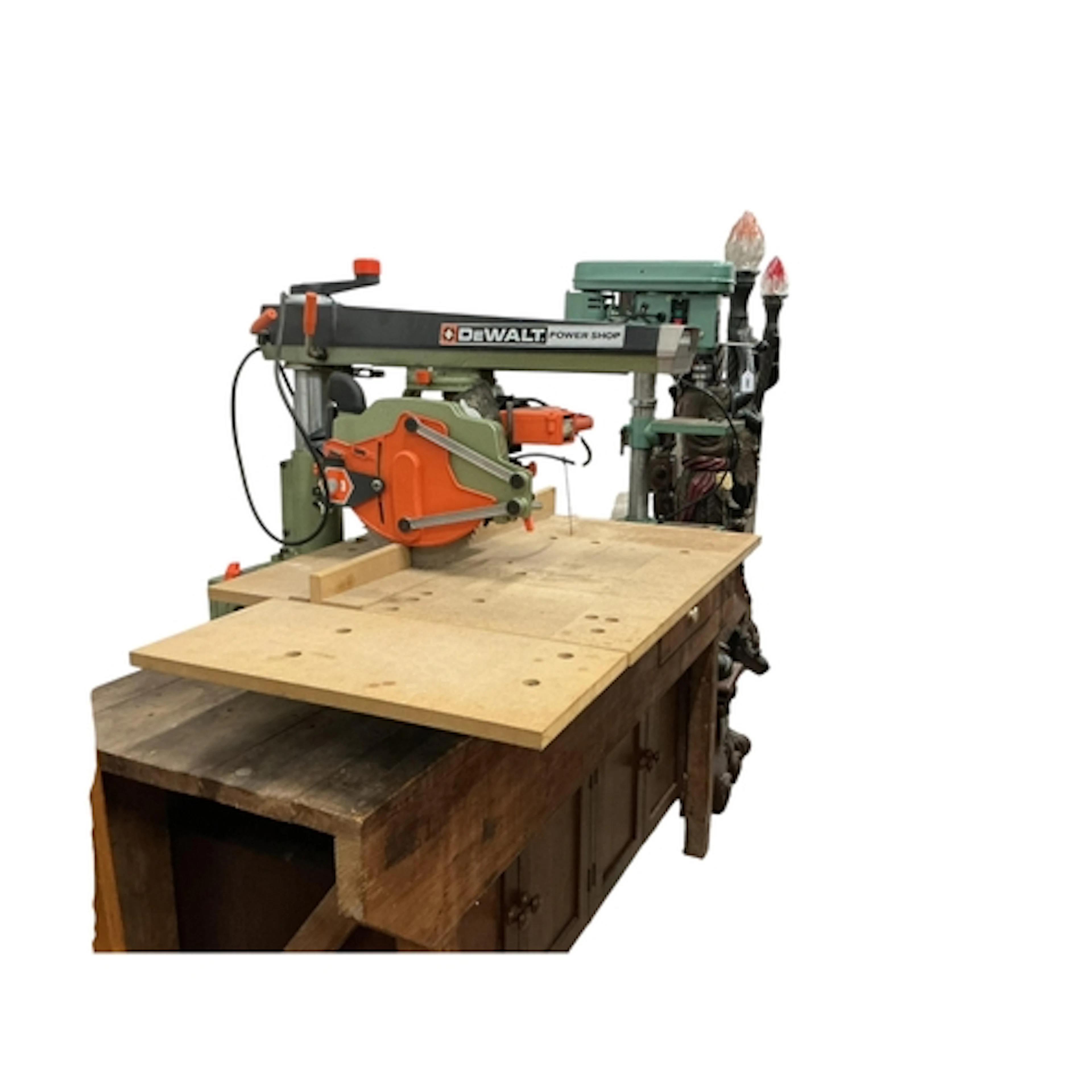 A DeWalt Power Shop DW1251 radial arm saw, fitted with home-...
