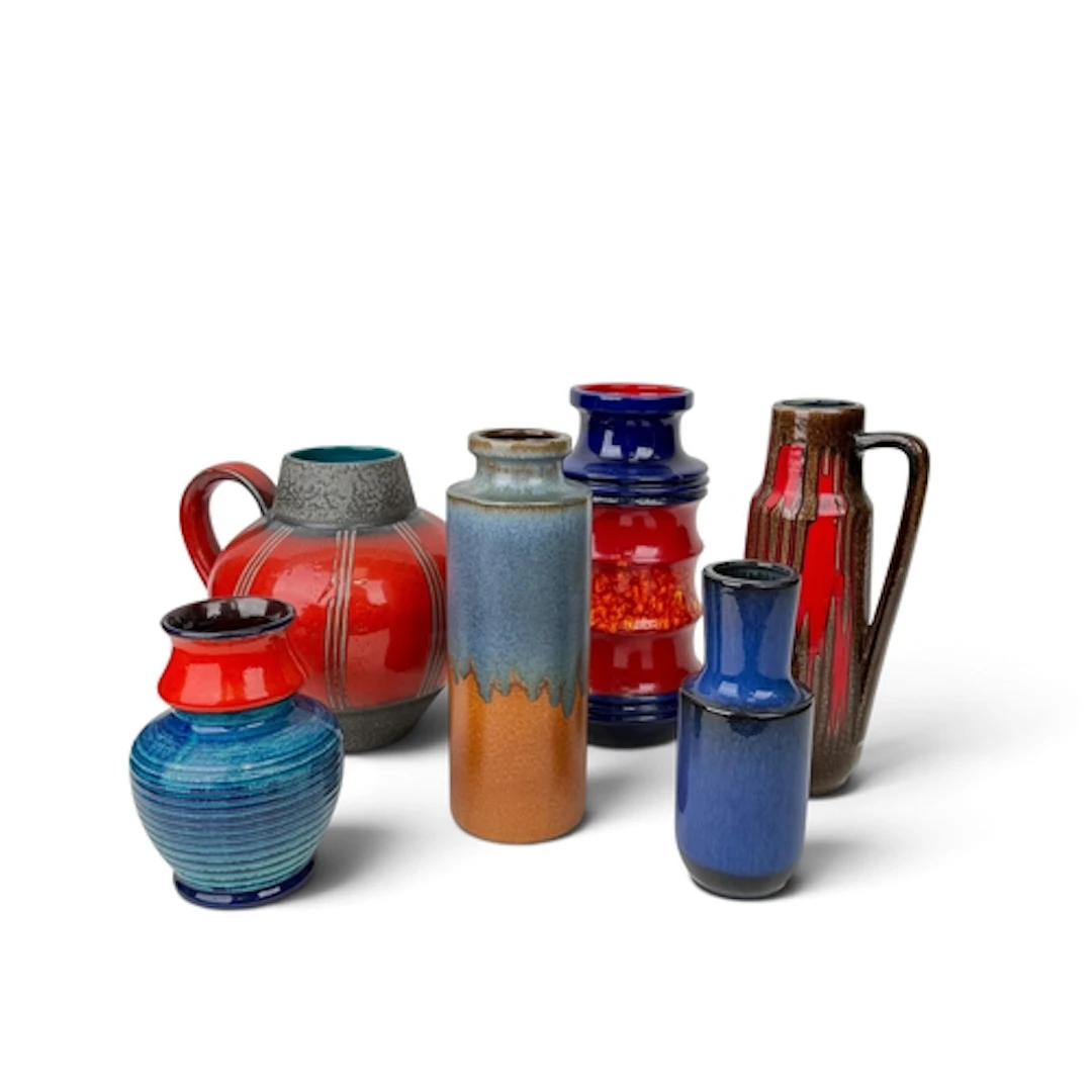 A GROUP OF SIX WEST GERMAN POTTERY VASES AND JUGS The larges...
